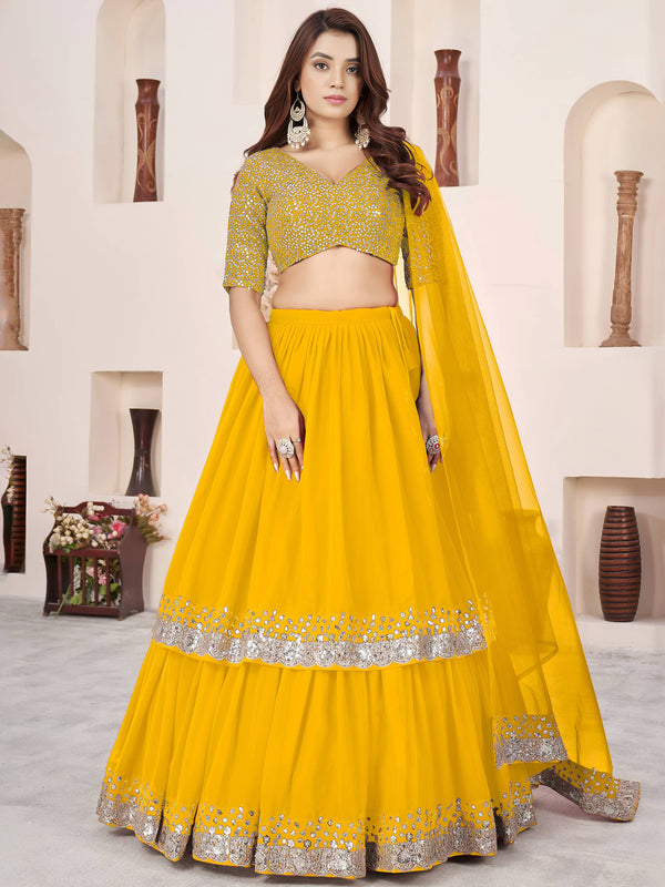 Dazzling Yellow Embroidered Georgette Engagement Lehenga With Dupatta
