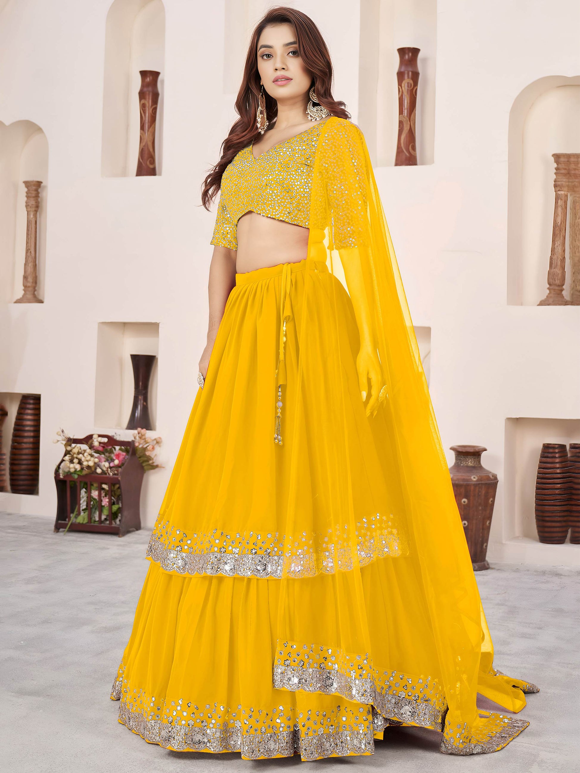 Dazzling Yellow Embroidered Georgette Engagement Lehenga With Dupatta