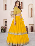 Dazzling Yellow Embroidered Georgette Engagement Lehenga With Dupatta