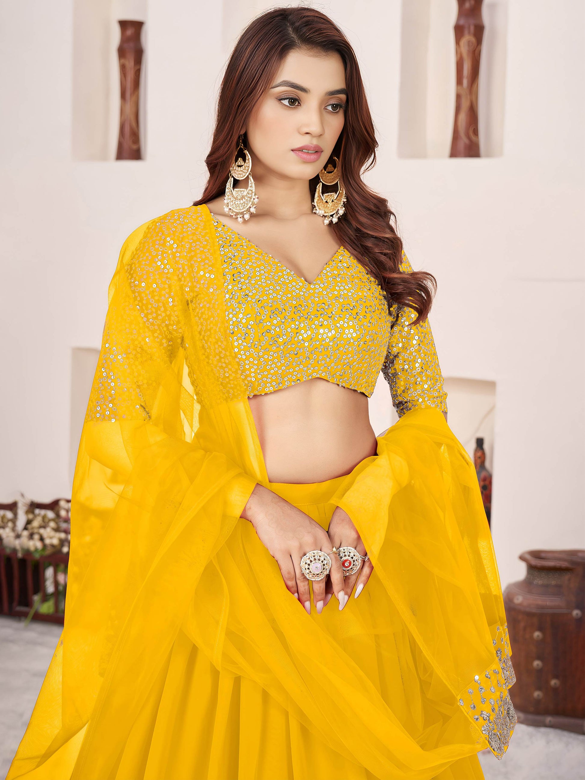 Dazzling Yellow Embroidered Georgette Engagement Lehenga With Dupatta