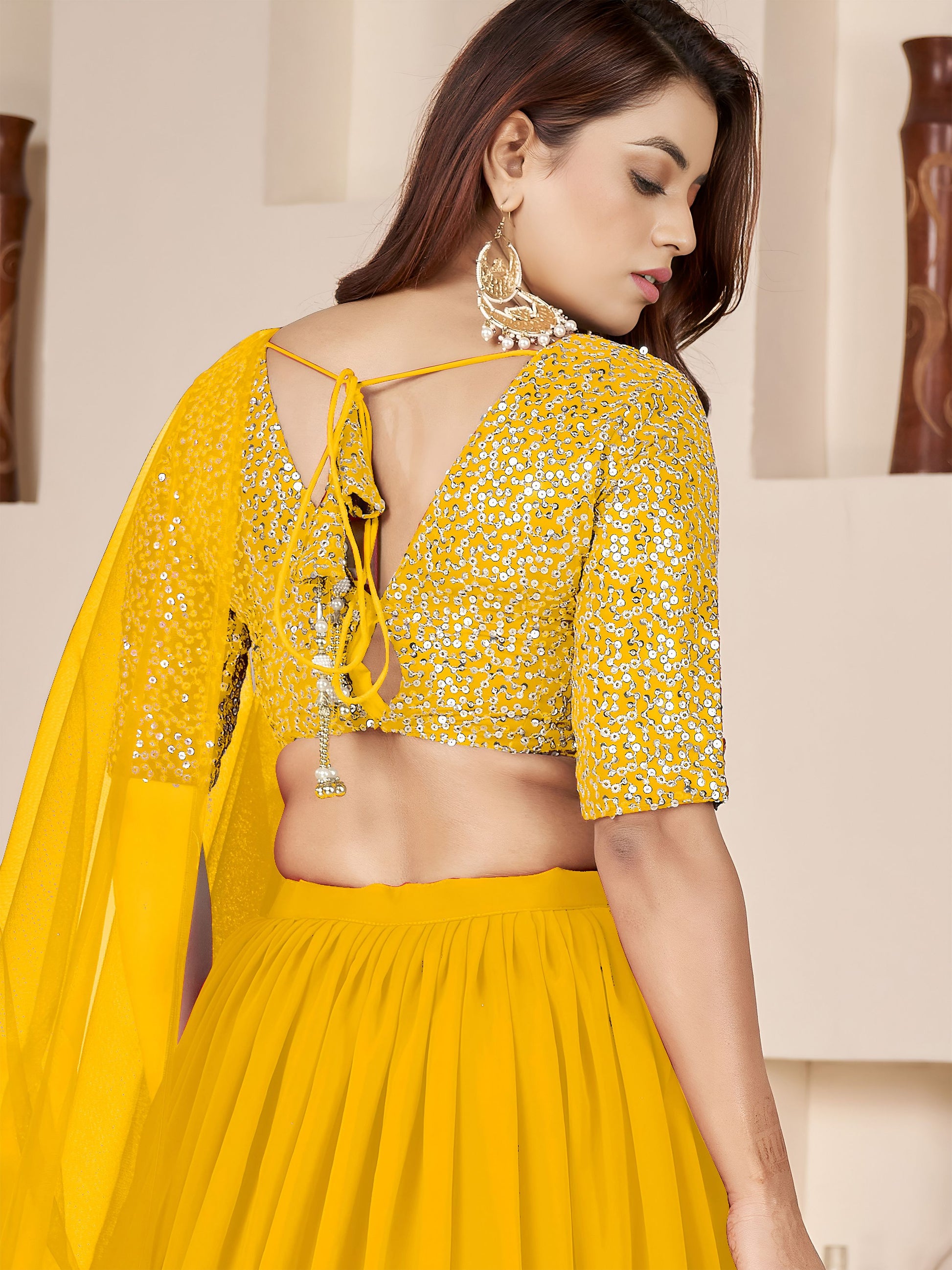 Dazzling Yellow Embroidered Georgette Engagement Lehenga With Dupatta