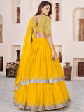 Dazzling Yellow Embroidered Georgette Engagement Lehenga With Dupatta