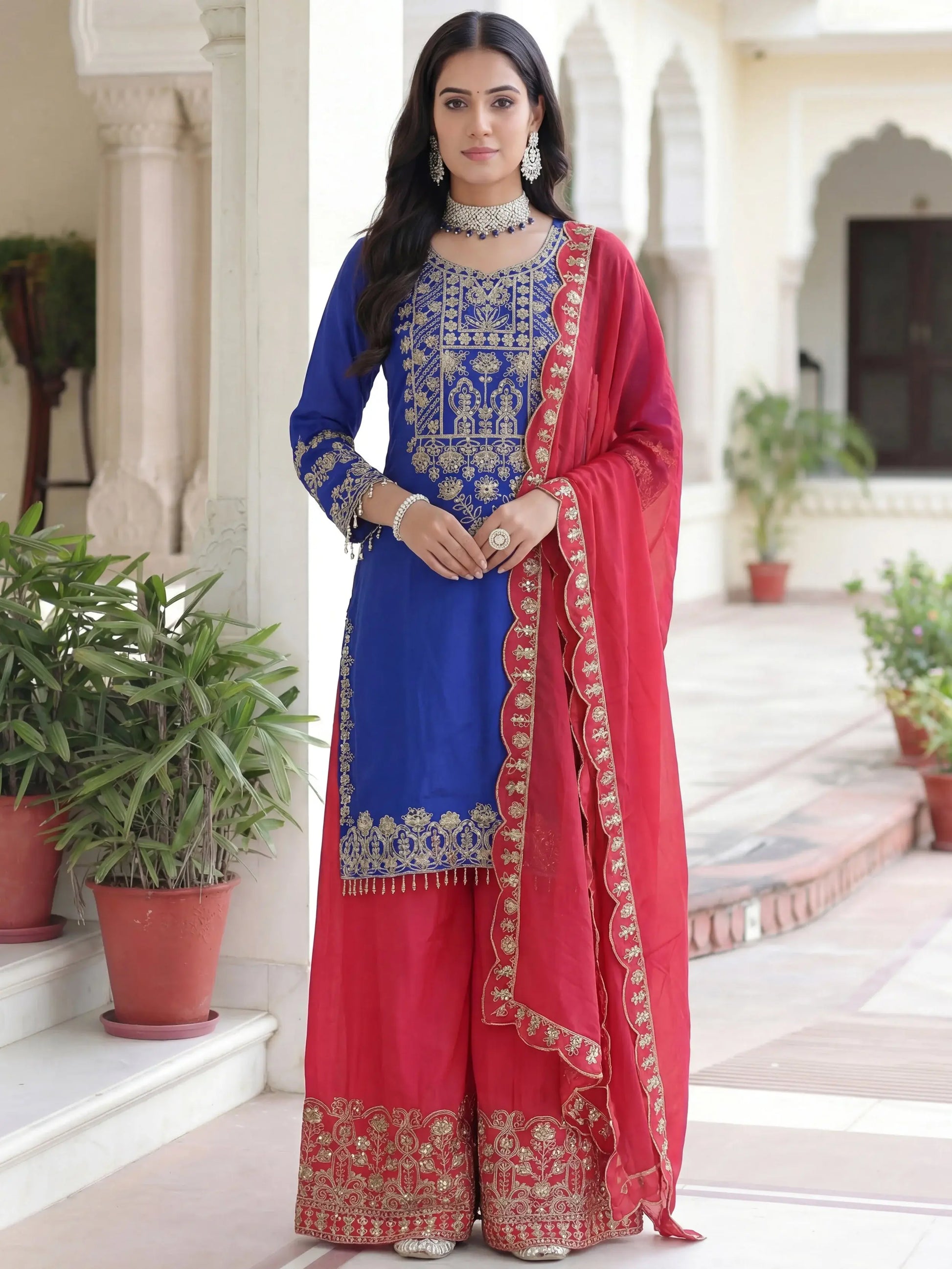 Glamorous Blue Embroidery Coding Chinon Festival Wear Palazzo Suit