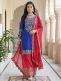 Glamorous Blue Embroidery Coding Chinon Festival Wear Palazzo Suit