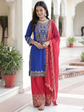 Glamorous Blue Embroidery Coding Chinon Festival Wear Palazzo Suit