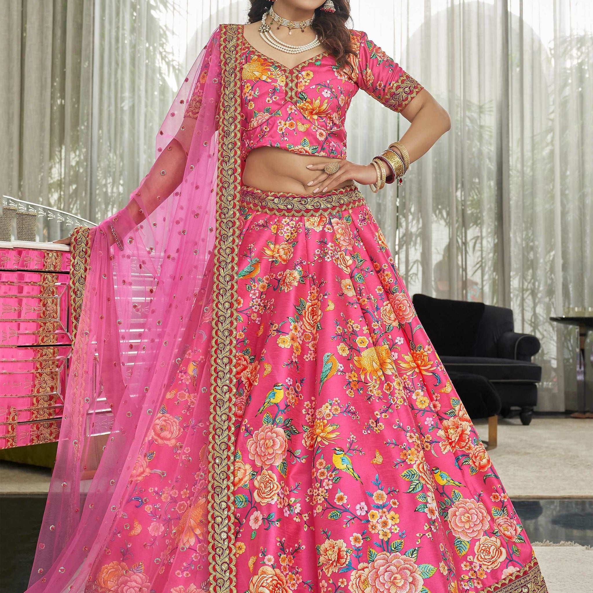Deep Pink Floral Printed Art Silk Wedding Wear Lehenga Choli - Zeel Clothing