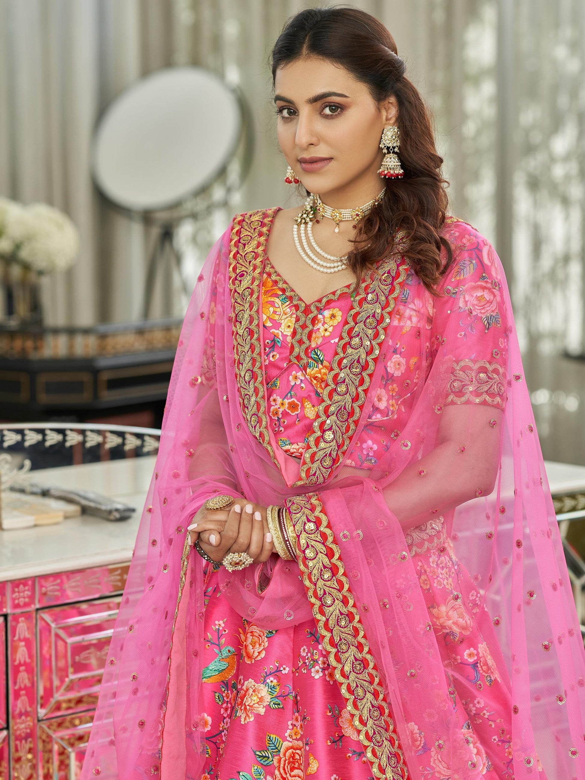 Deep Pink Floral Printed Art Silk Wedding Wear Lehenga Choli - Zeel Clothing