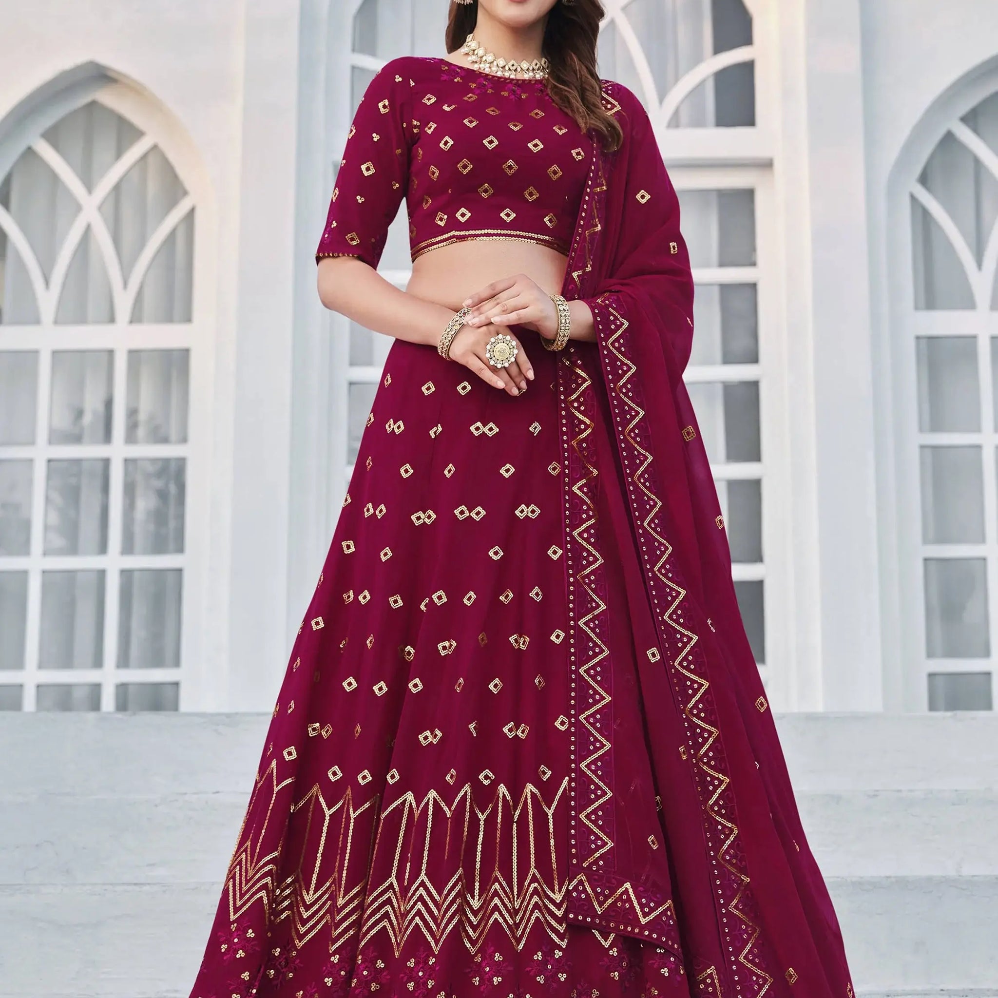 Deep Pink Sequins Georgette Wedding Wear Lehenga Choli - Zeel Clothing