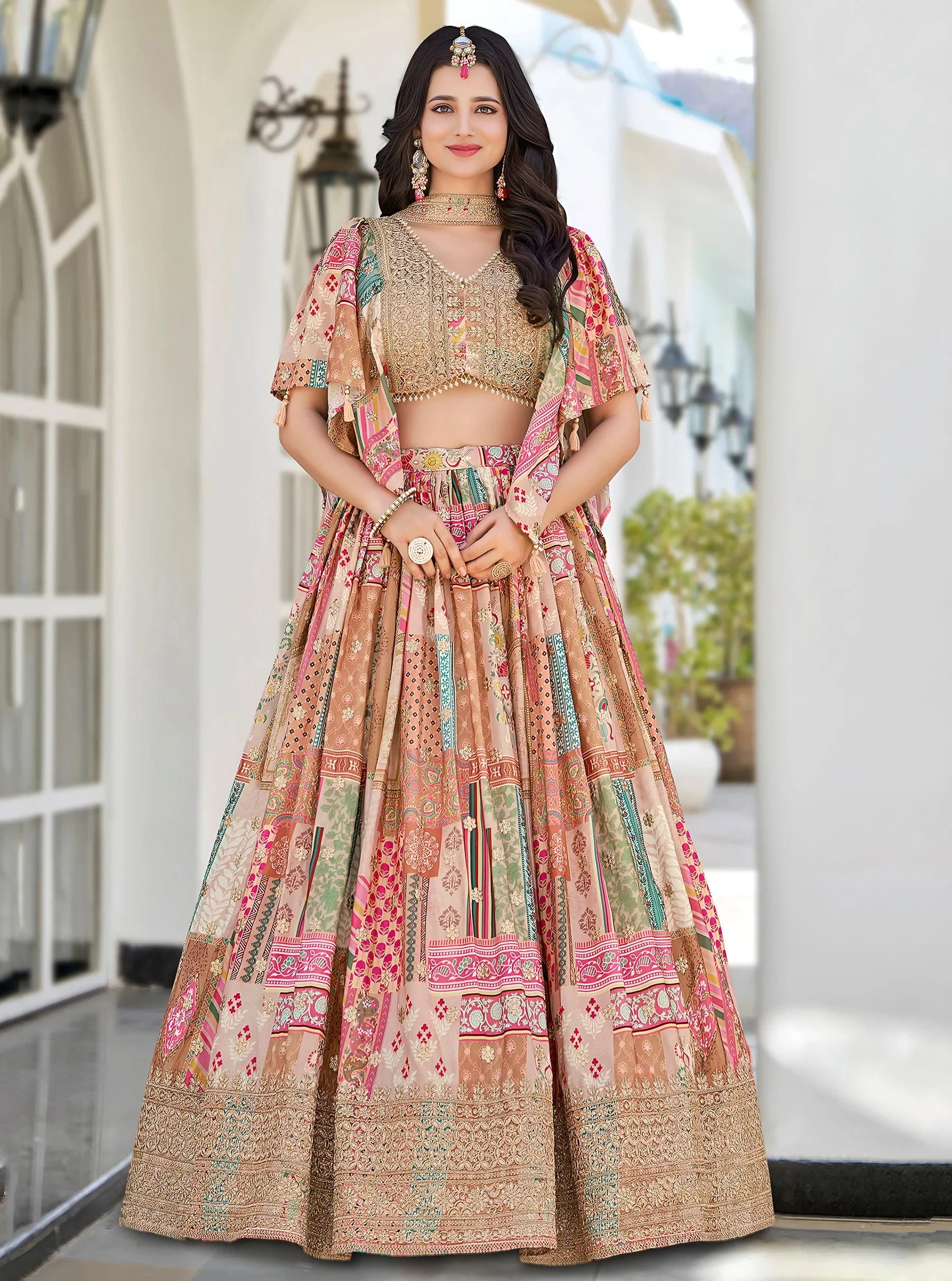 Delicate Beige Digital Printed Chinon Wedding Wear Lehenga Choli - Zeel Clothing