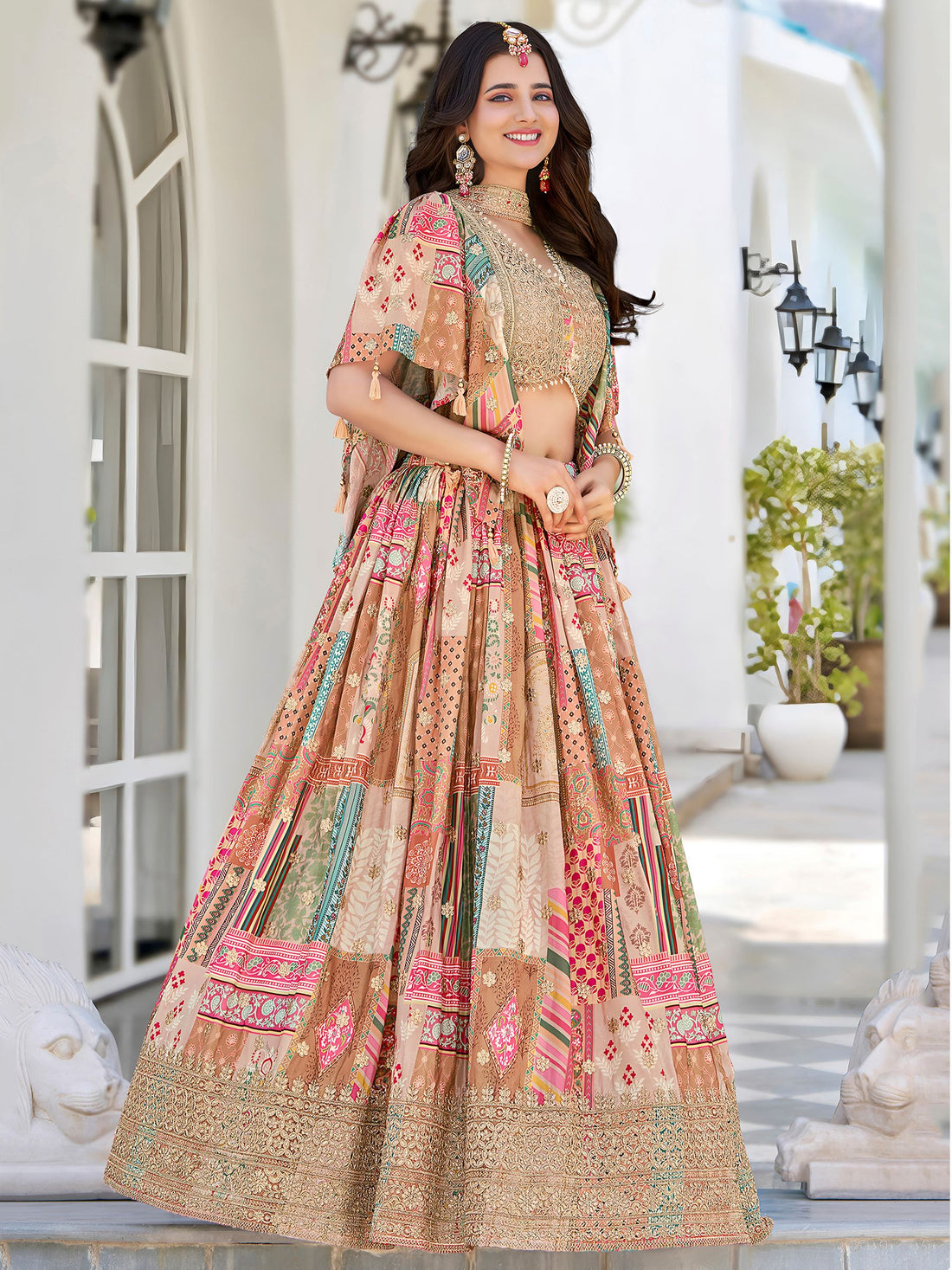 Delicate Beige Digital Printed Chinon Wedding Wear Lehenga Choli - Zeel Clothing