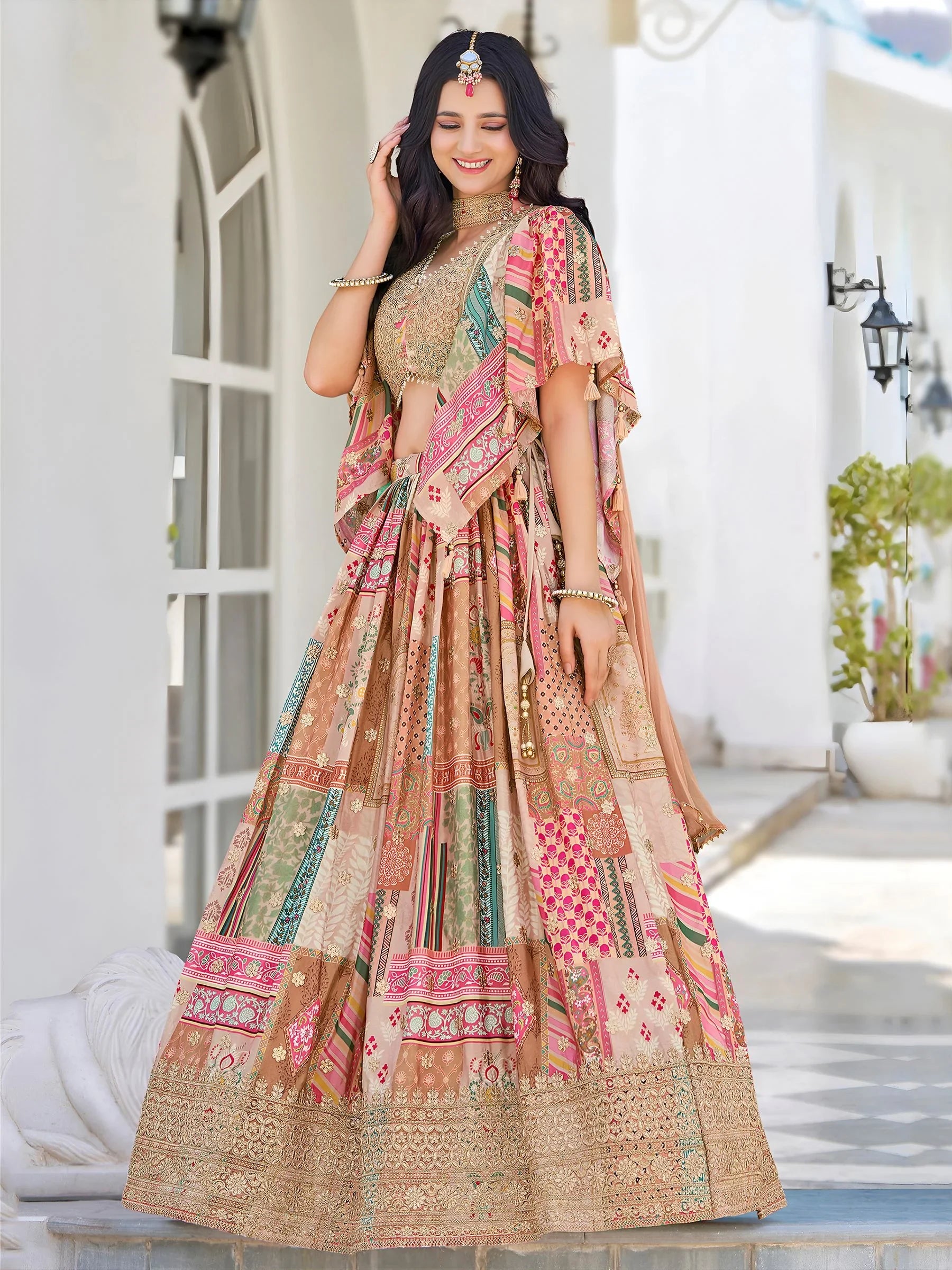 Delicate Beige Digital Printed Chinon Wedding Wear Lehenga Choli - Zeel Clothing
