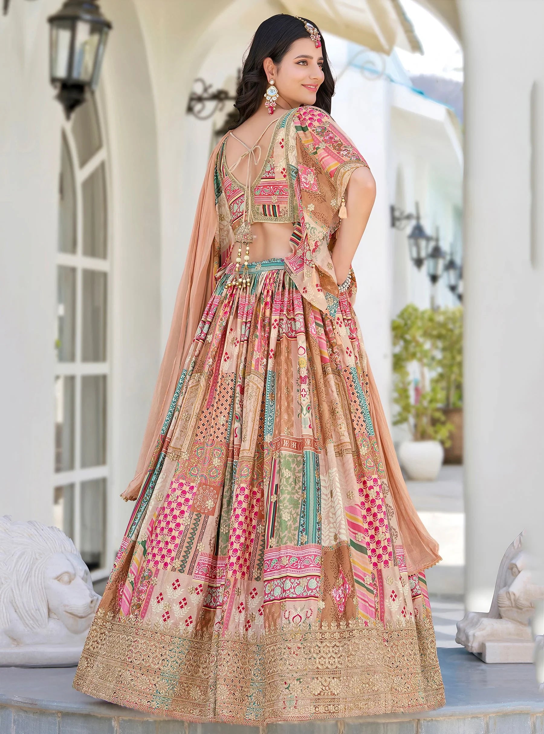 Delicate Beige Digital Printed Chinon Wedding Wear Lehenga Choli - Zeel Clothing