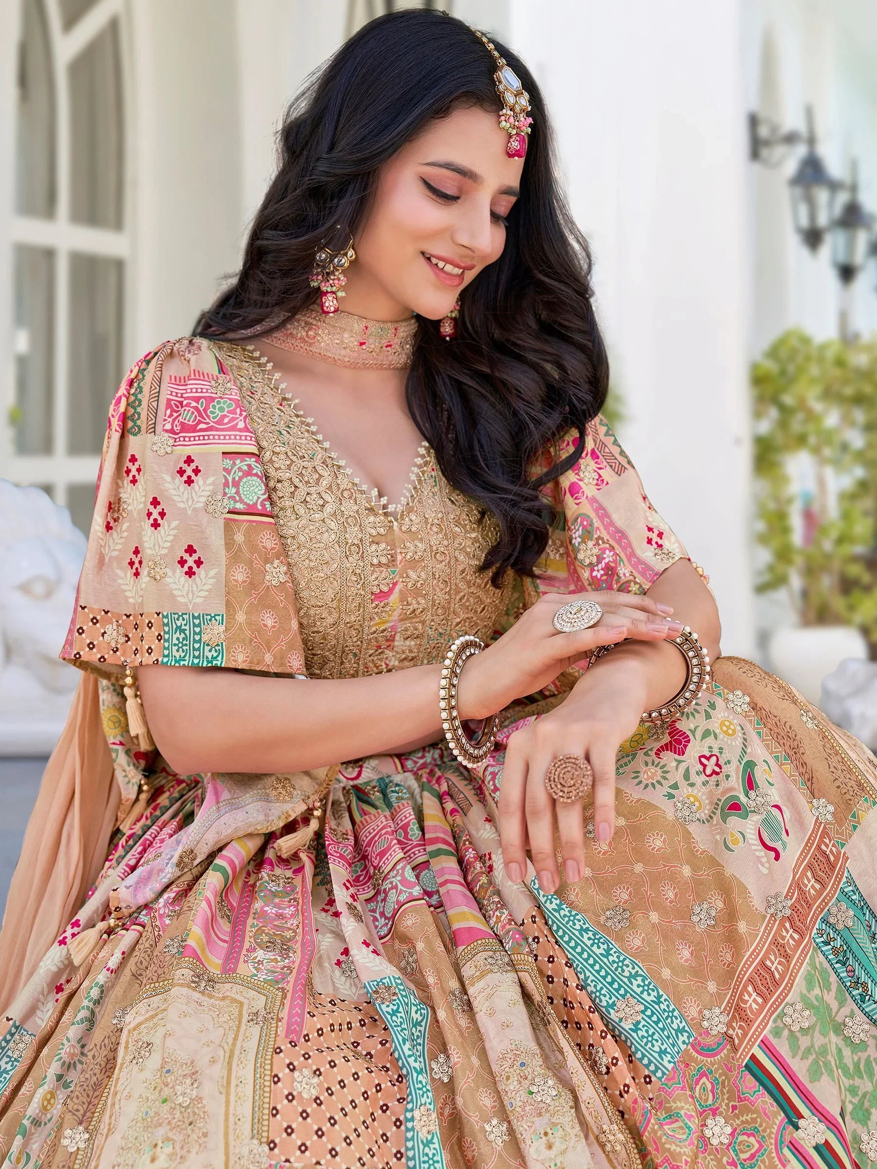 Delicate Beige Digital Printed Chinon Wedding Wear Lehenga Choli - Zeel Clothing