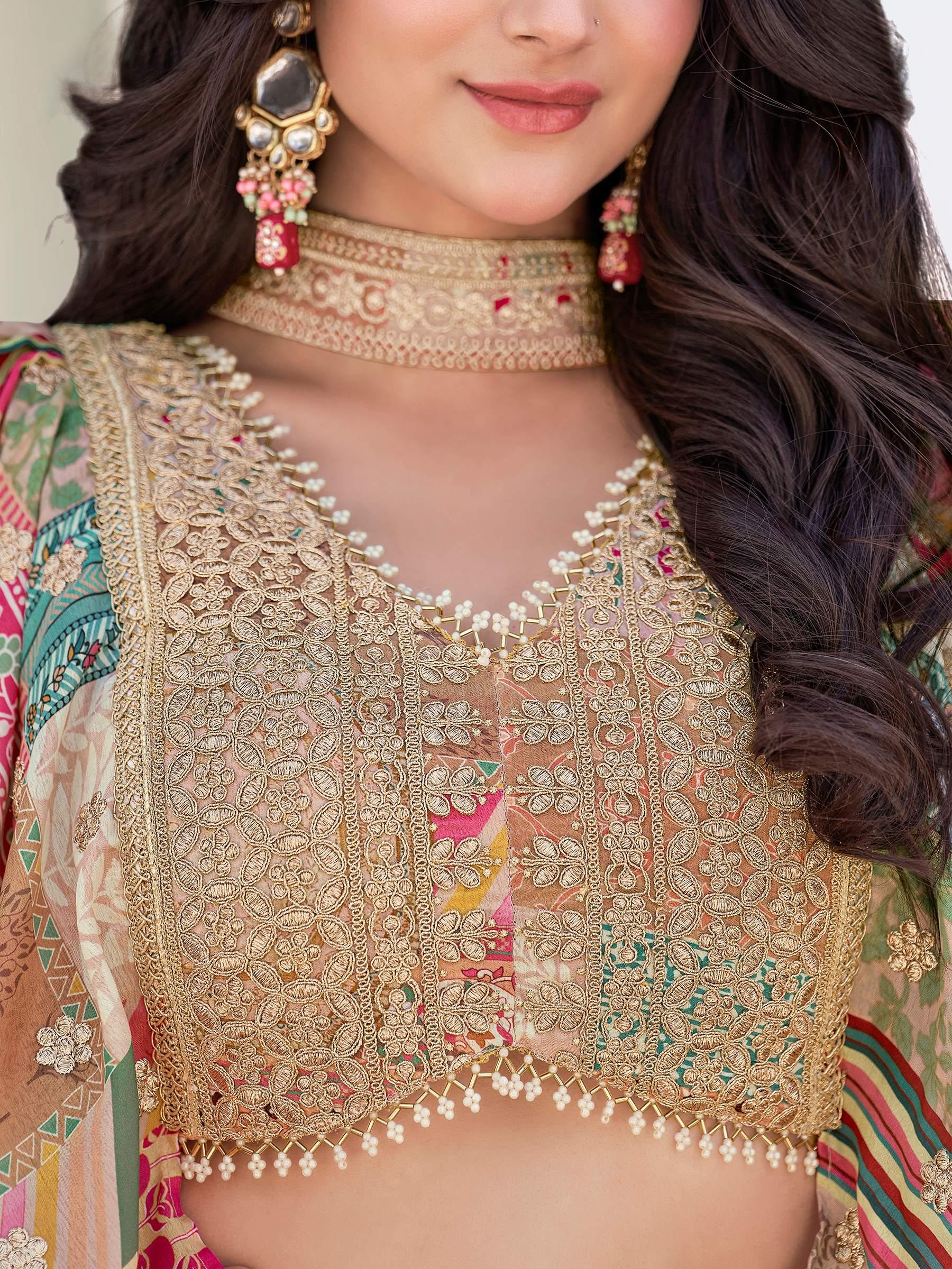 Delicate Beige Digital Printed Chinon Wedding Wear Lehenga Choli - Zeel Clothing