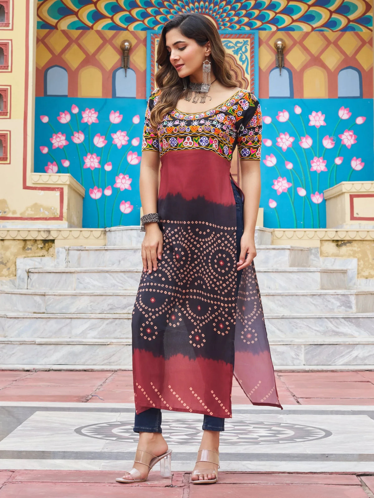 Delicate Black Kutchi Gamthi Work Georgette Navratri Wear Long Kurti - Zeel Clothing