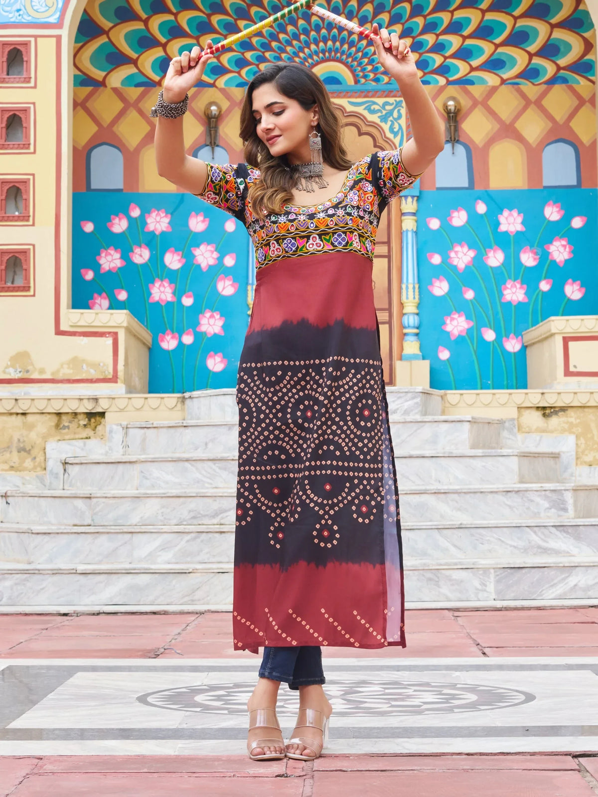 Delicate Black Kutchi Gamthi Work Georgette Navratri Wear Long Kurti - Zeel Clothing