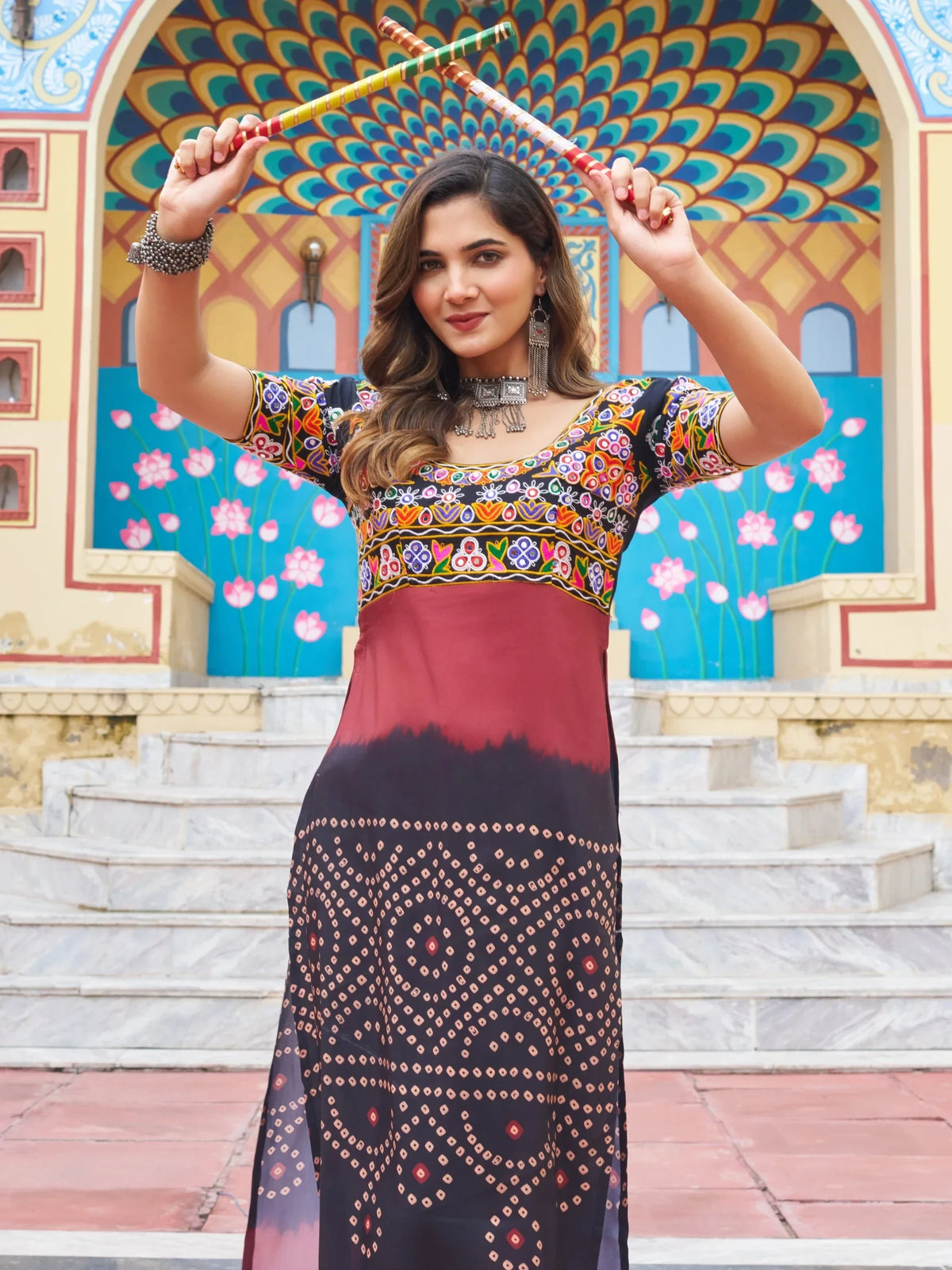 Delicate Black Kutchi Gamthi Work Georgette Navratri Wear Long Kurti - Zeel Clothing