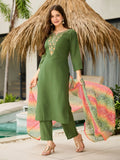 Delicate Green Floral Embroidered Rayon Festive Wear Pant Suit With Dupatta - Zeel Clothing