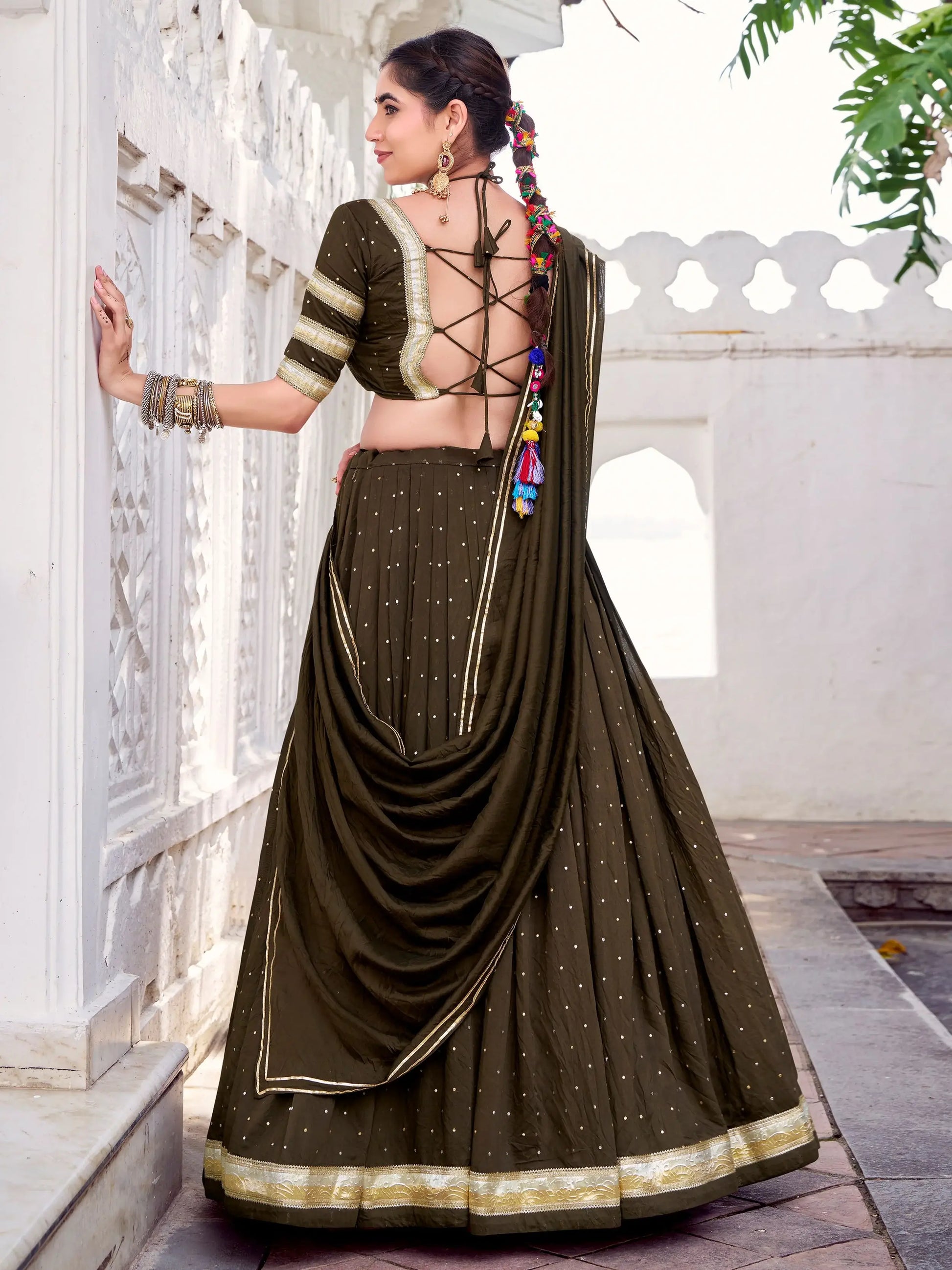 Delicate Mehendi Green Lace Work Chanderi Silk Traditional Lehenga Choli With Dupatta - Zeel Clothing