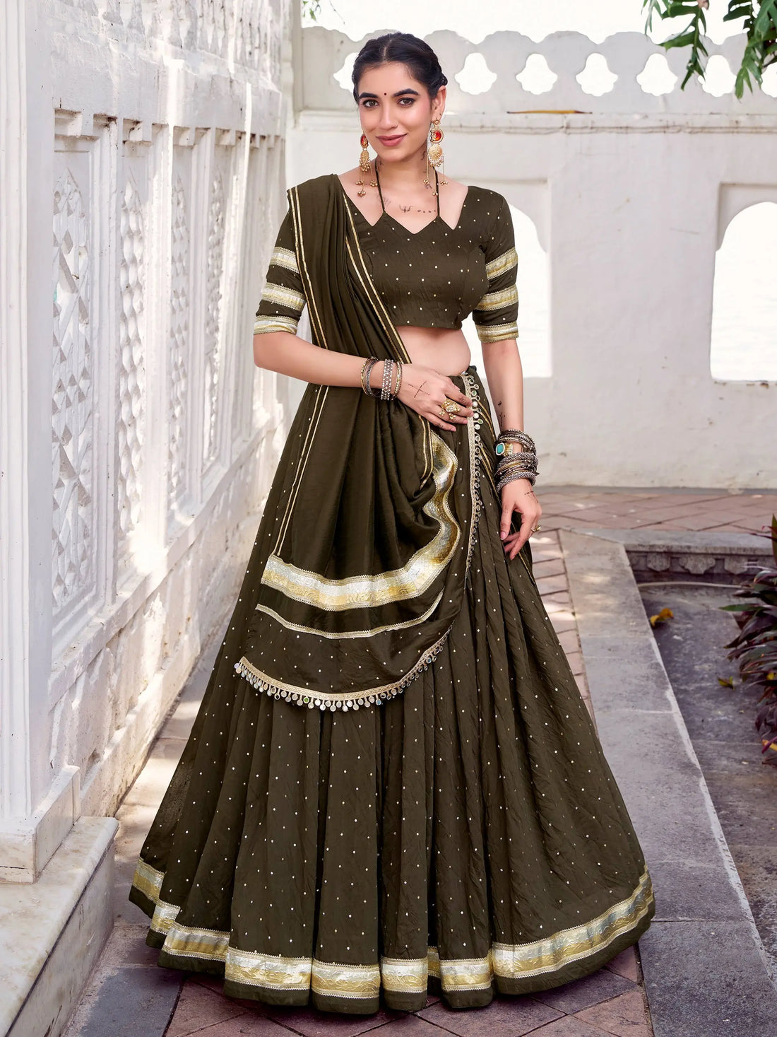 Delicate Mehendi Green Lace Work Chanderi Silk Traditional Lehenga Choli With Dupatta - Zeel Clothing