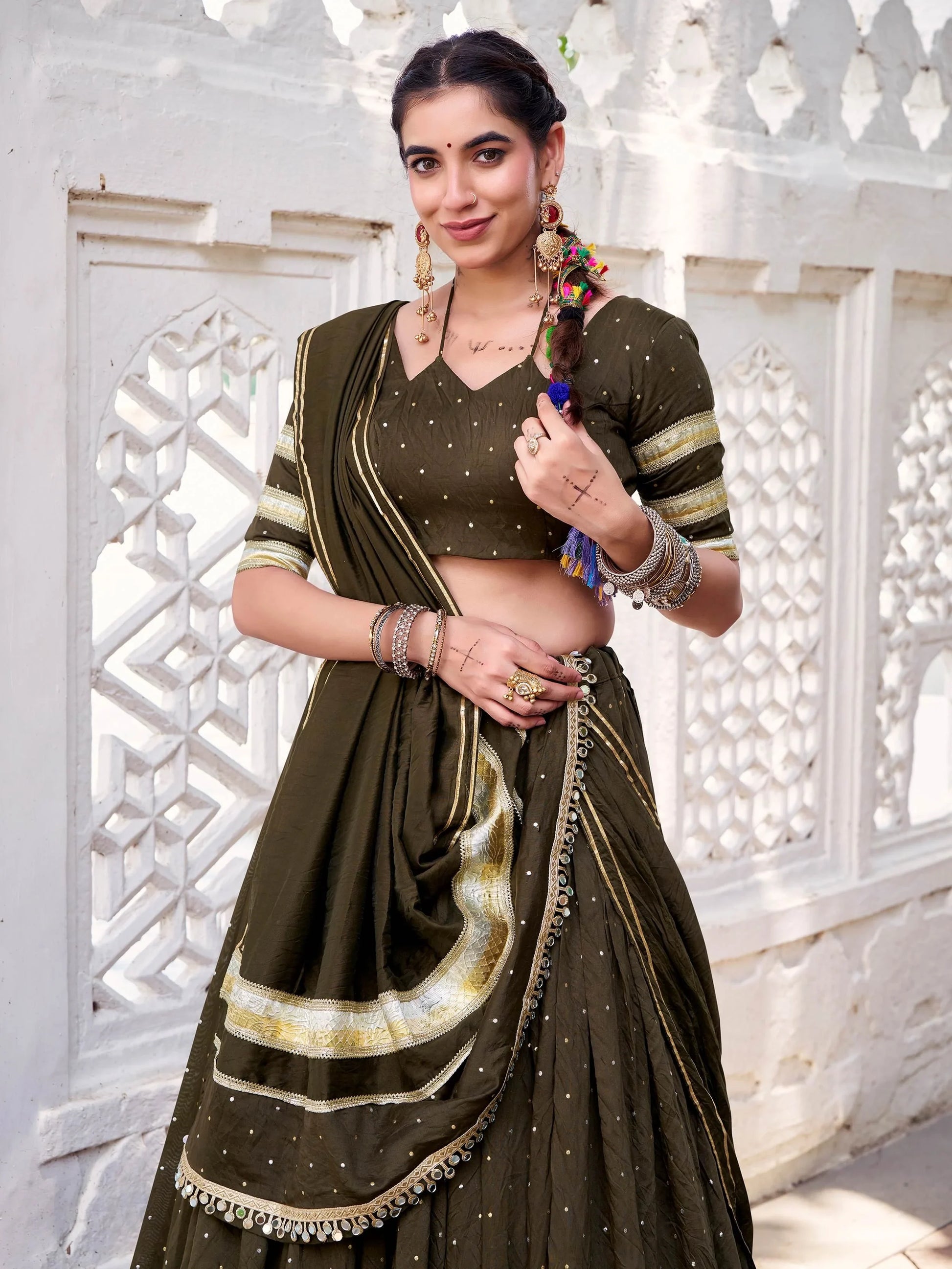 Delicate Mehendi Green Lace Work Chanderi Silk Traditional Lehenga Choli With Dupatta - Zeel Clothing