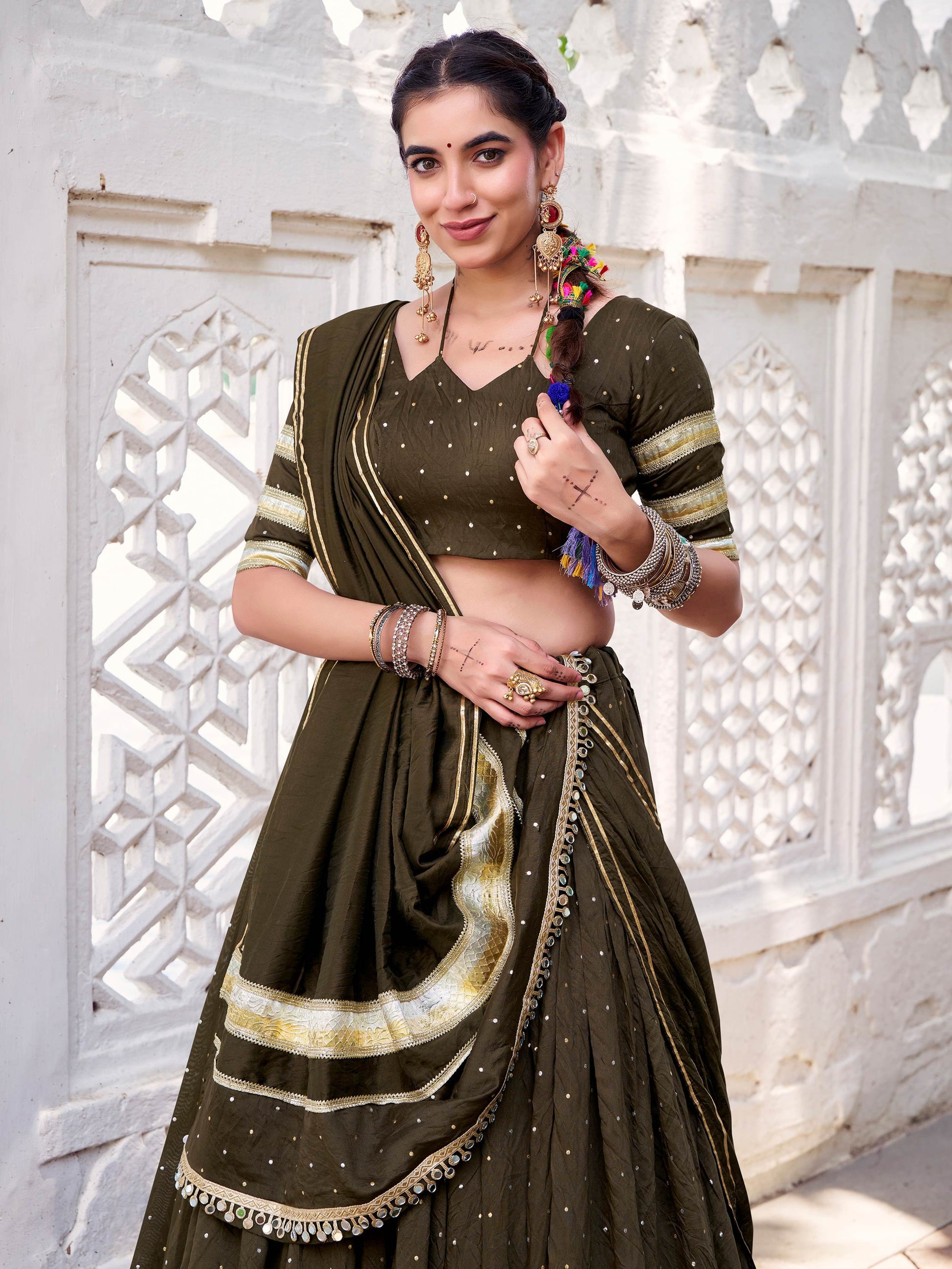 Delicate Mehendi Green Lace Work Chanderi Silk Traditional Lehenga Choli With Dupatta - Zeel Clothing