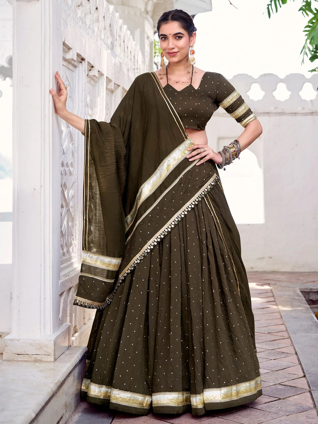 Delicate Mehendi Green Lace Work Chanderi Silk Traditional Lehenga Choli With Dupatta - Zeel Clothing