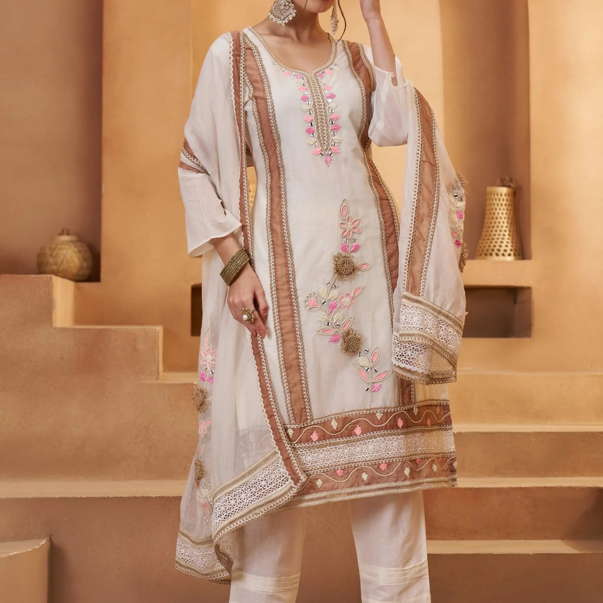 Delicate Off-White Joot Work Cotton Designer Pant Suit With Dupatta - Zeel Clothing