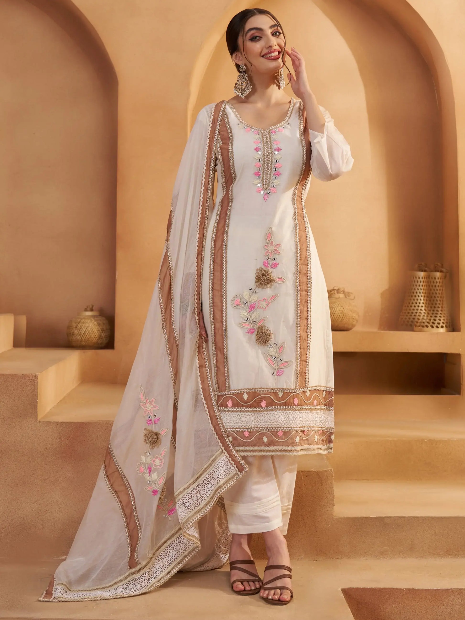 Delicate Off-White Joot Work Cotton Designer Pant Suit With Dupatta - Zeel Clothing