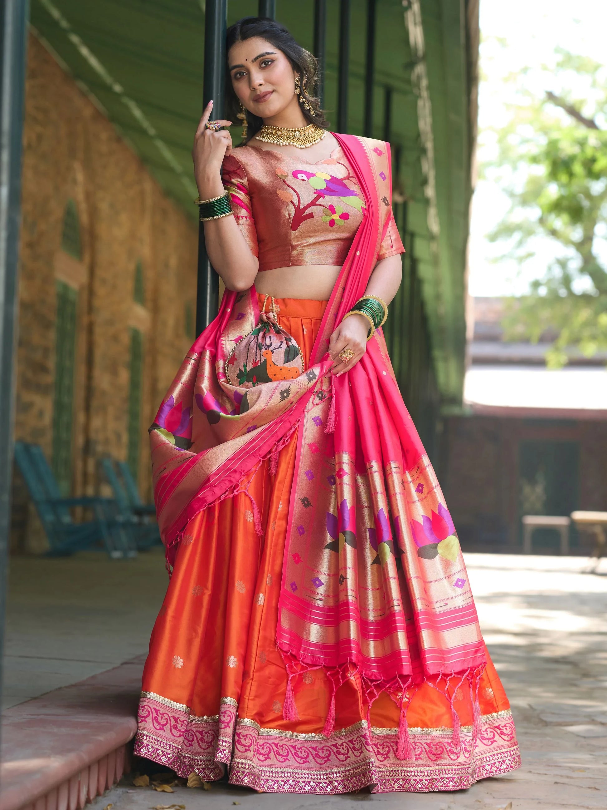 Delicate Orange Zari Weaving Paithani Silk Traditional Lehenga Choli - Zeel Clothing