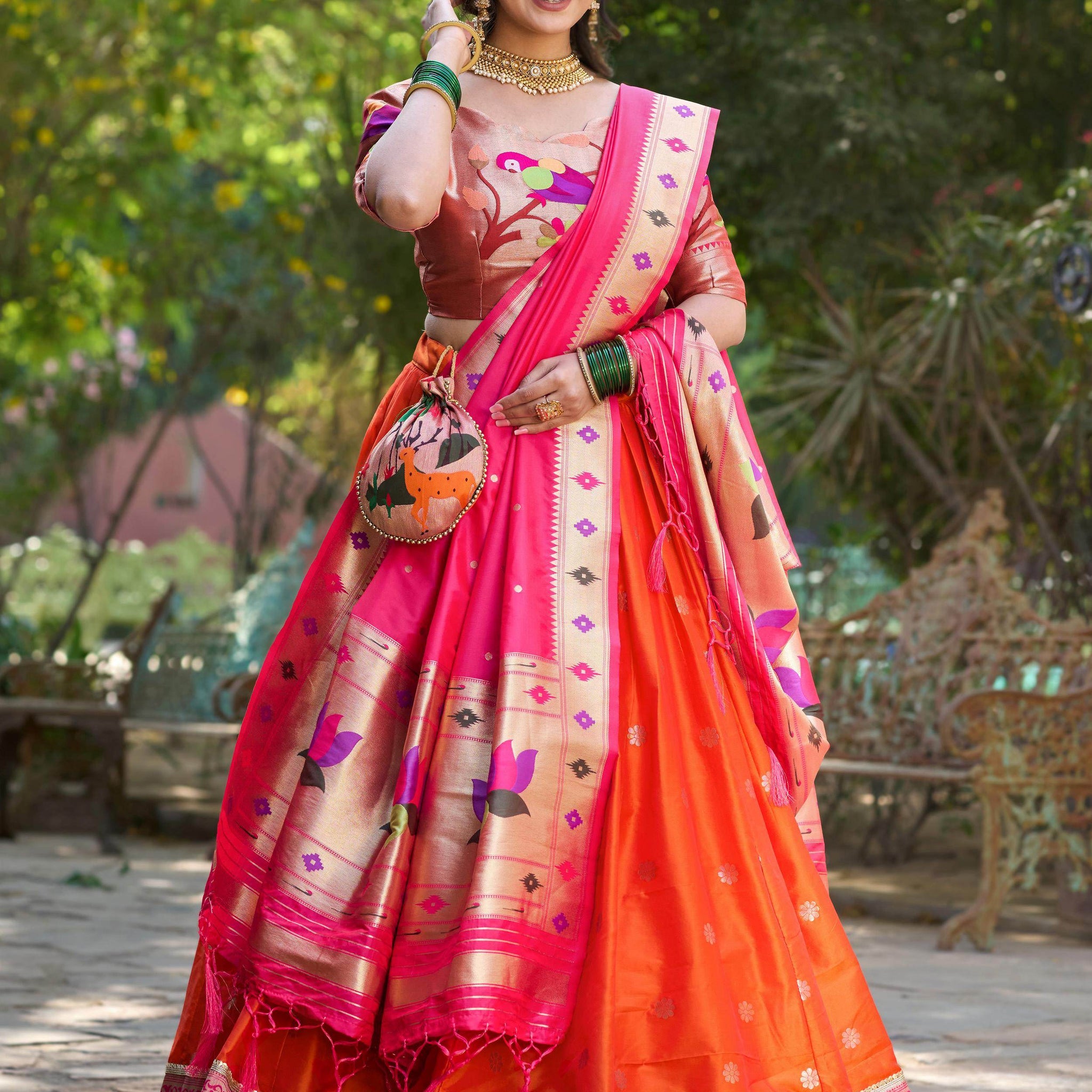 Delicate Orange Zari Weaving Paithani Silk Traditional Lehenga Choli - Zeel Clothing