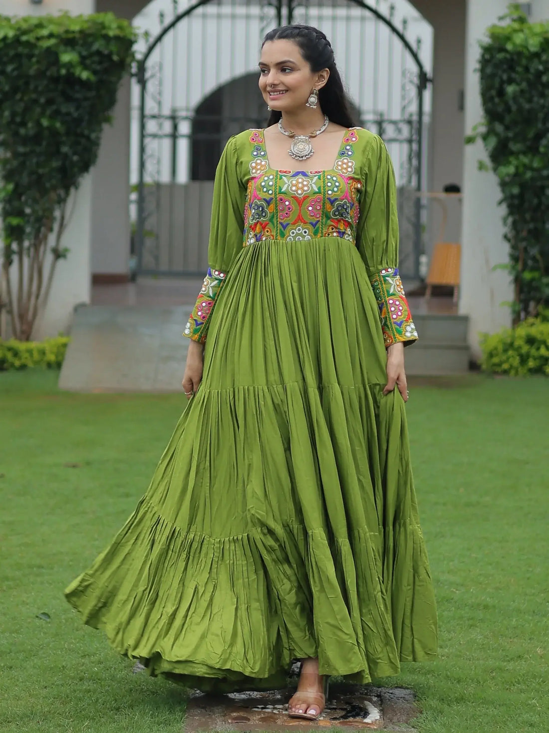 Delicate Parrot Green Gamthi Work Rayon Navratri Special Gown - Zeel Clothing