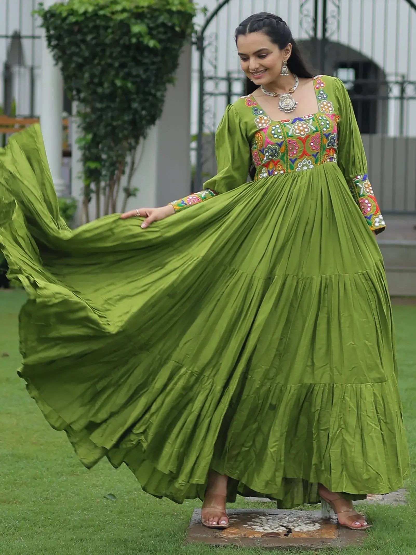 Delicate Parrot Green Gamthi Work Rayon Navratri Special Gown - Zeel Clothing