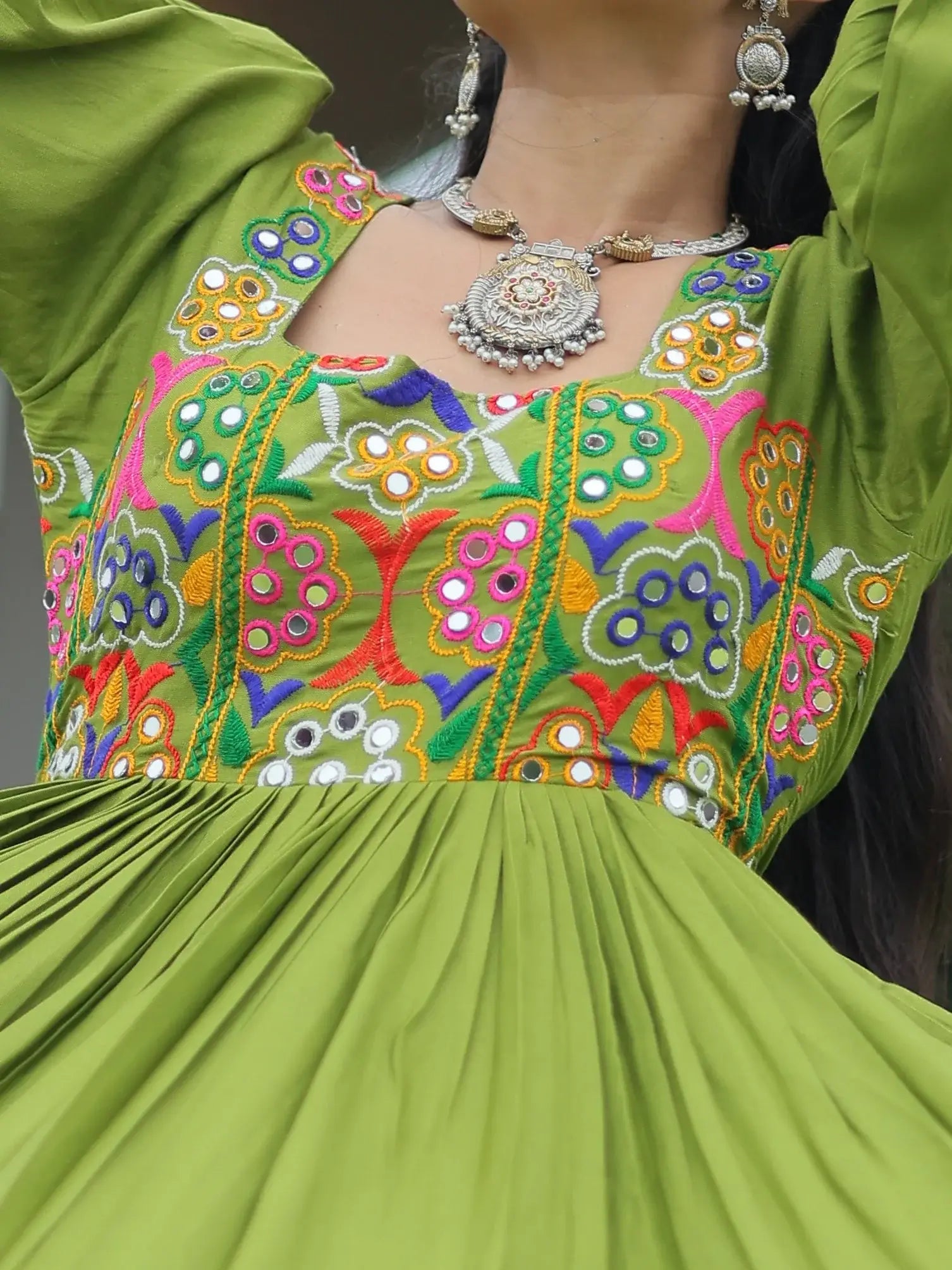 Delicate Parrot Green Gamthi Work Rayon Navratri Special Gown - Zeel Clothing