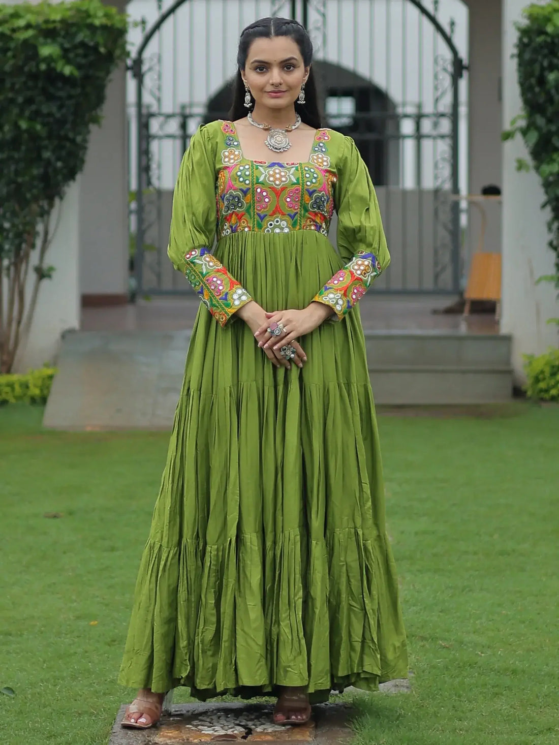Delicate Parrot Green Gamthi Work Rayon Navratri Special Gown - Zeel Clothing