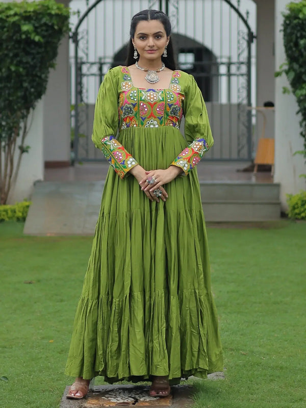 Delicate Parrot Green Gamthi Work Rayon Navratri Special Gown - Zeel Clothing