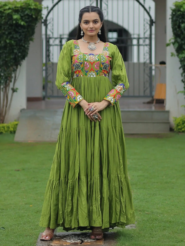 Delicate Parrot Green Gamthi Work Rayon Navratri Special Gown - Zeel Clothing