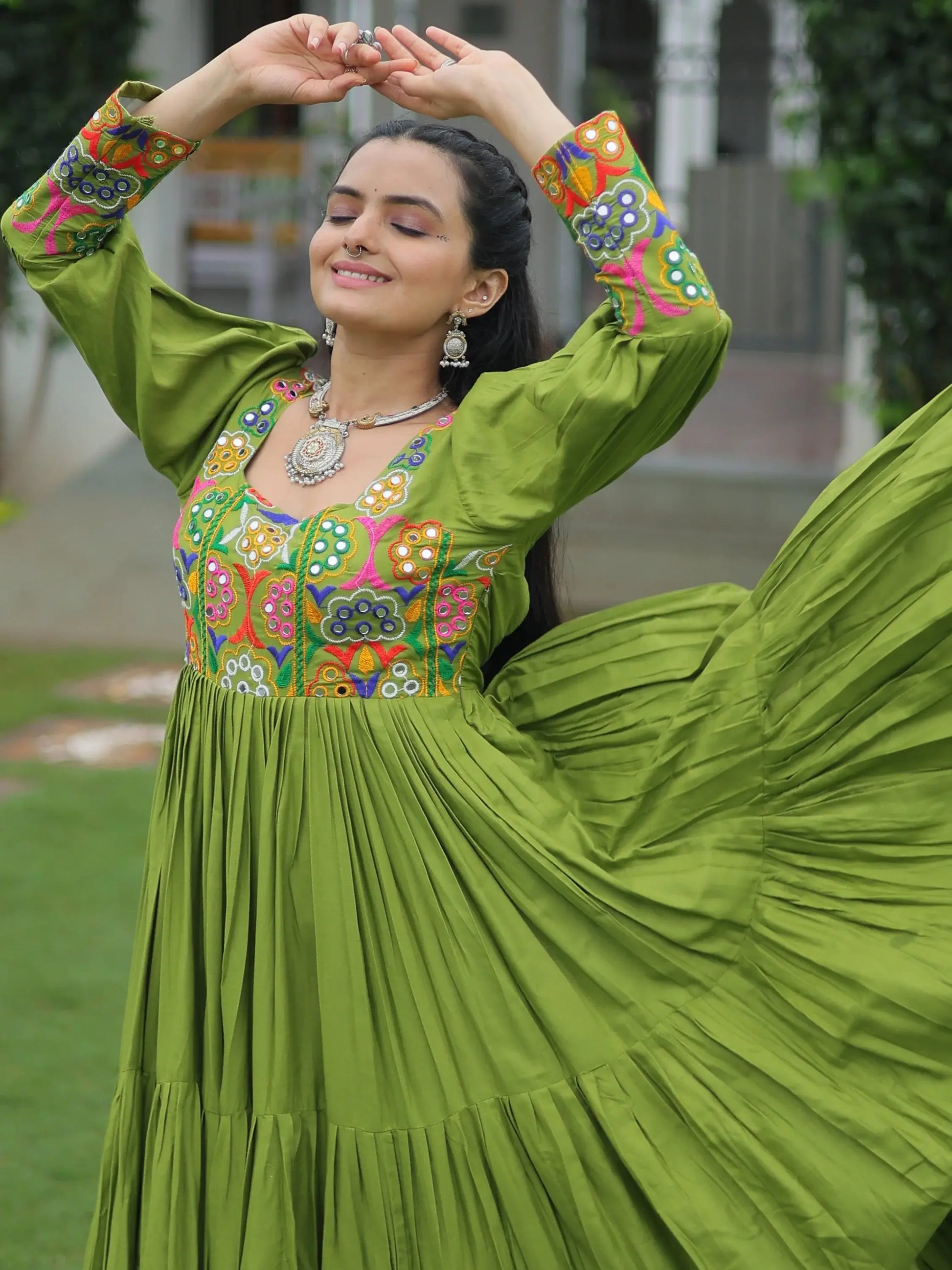 Delicate Parrot Green Gamthi Work Rayon Navratri Special Gown - Zeel Clothing