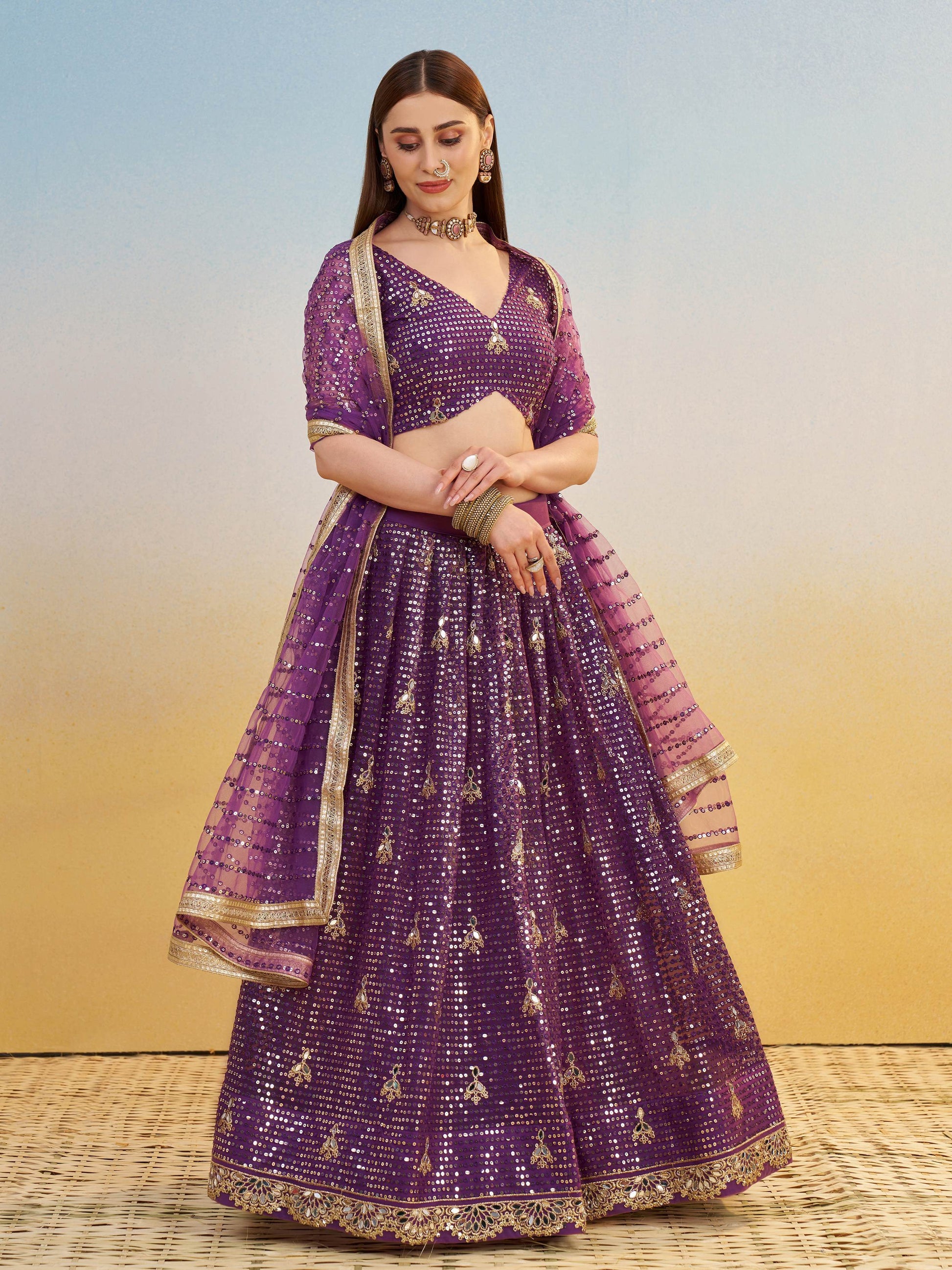 Delicate Purple Sequins Embroidered Net Lehenga Choli With Dupatta - Zeel Clothing