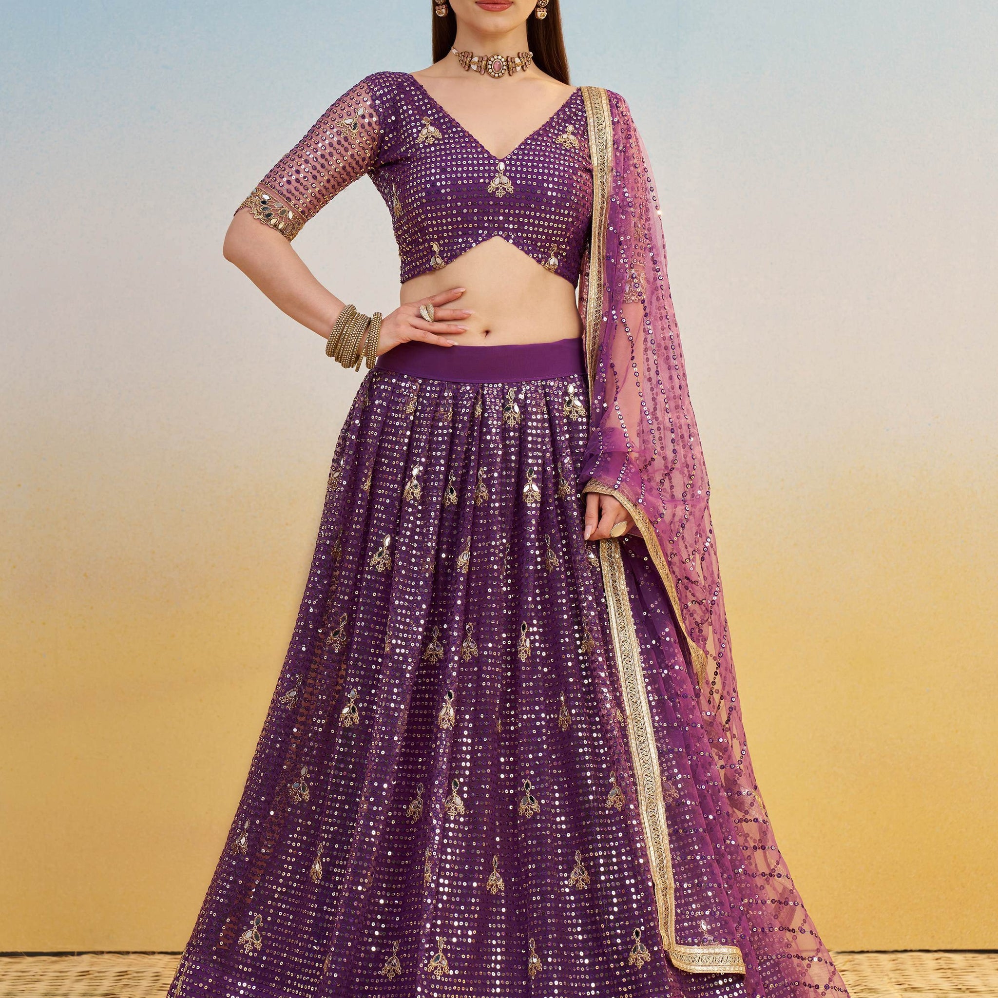 Delicate Purple Sequins Embroidered Net Lehenga Choli With Dupatta - Zeel Clothing