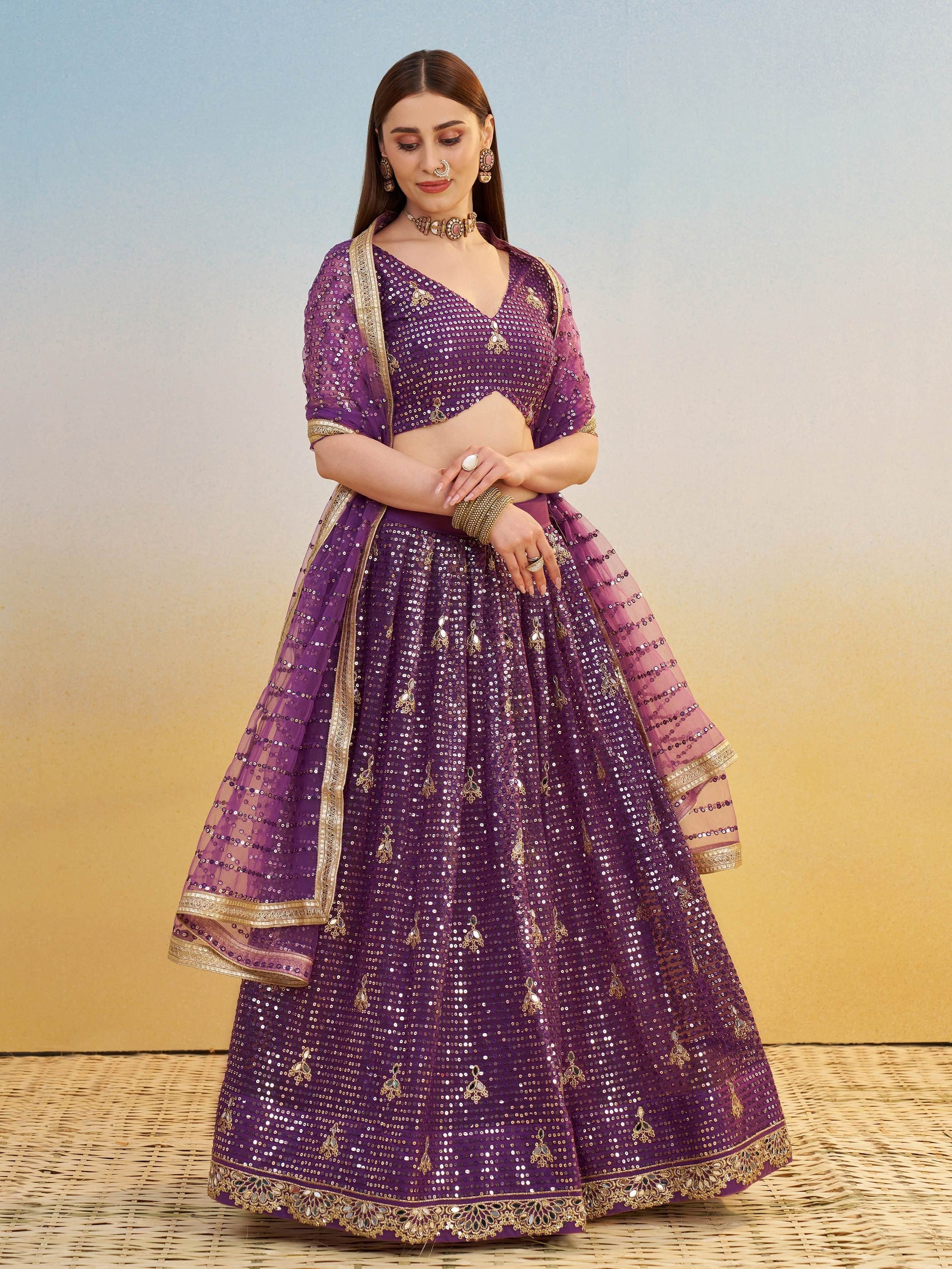Delicate Purple Sequins Embroidered Net Lehenga Choli With Dupatta - Zeel Clothing