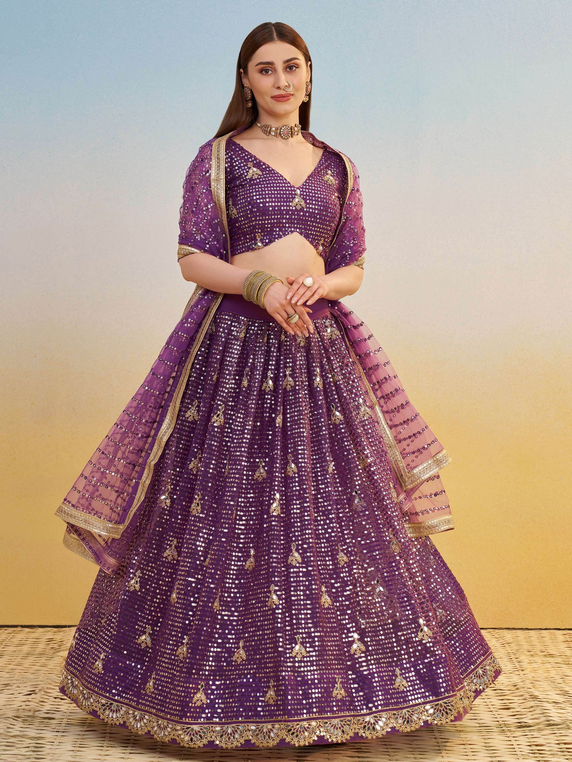 Delicate Purple Sequins Embroidered Net Lehenga Choli With Dupatta - Zeel Clothing