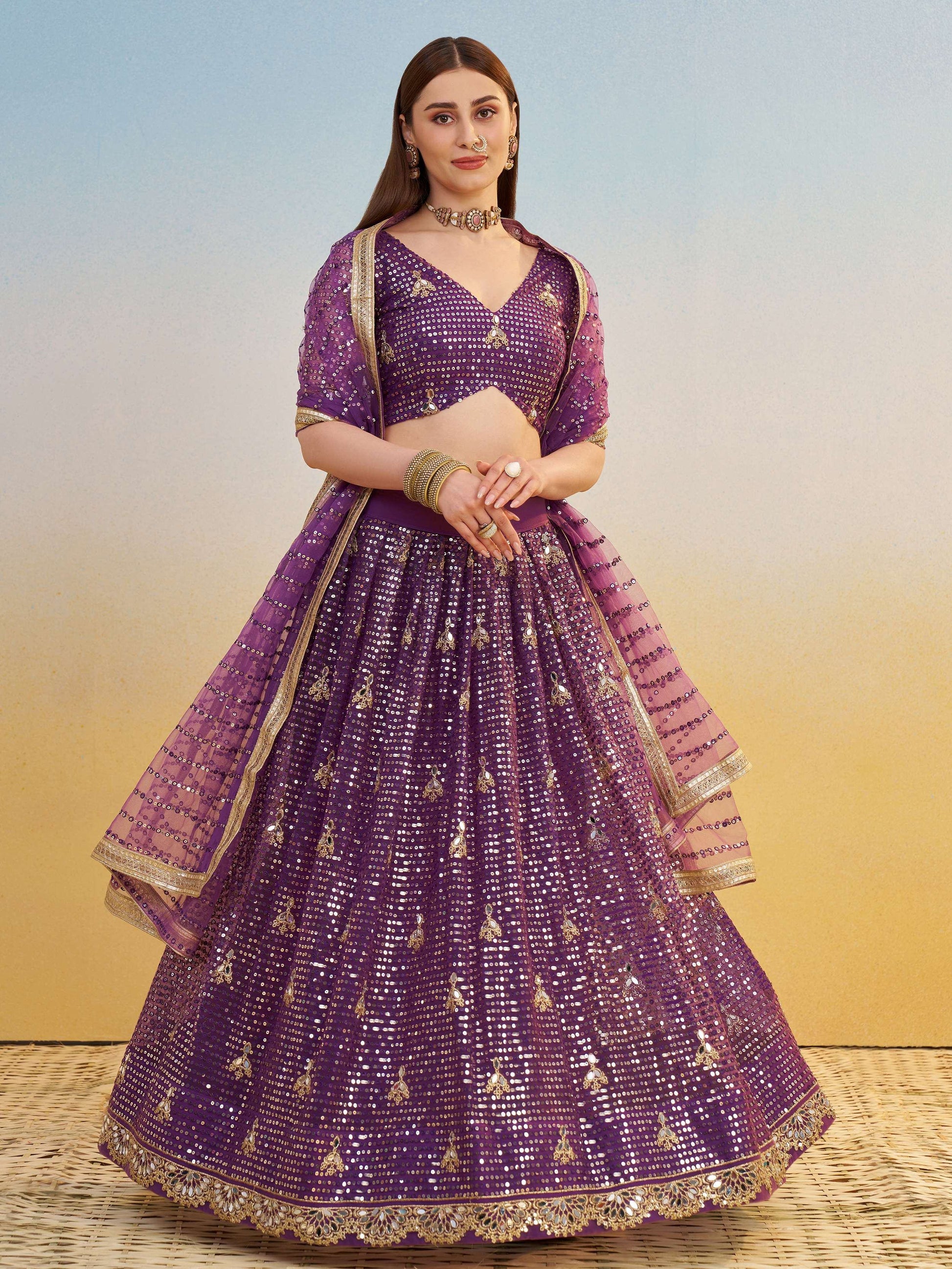 Delicate Purple Sequins Embroidered Net Lehenga Choli With Dupatta - Zeel Clothing