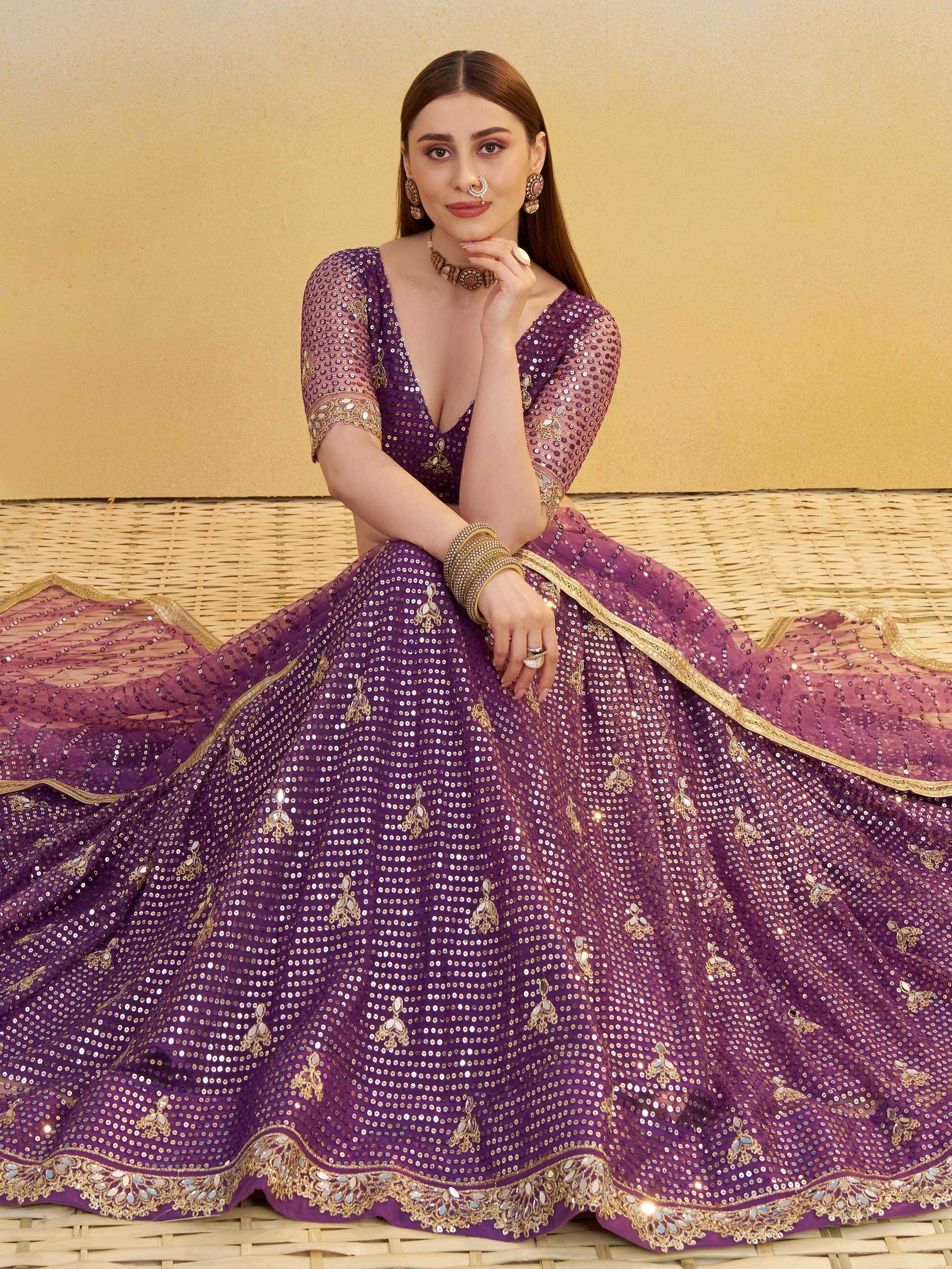 Delicate Purple Sequins Embroidered Net Lehenga Choli With Dupatta - Zeel Clothing