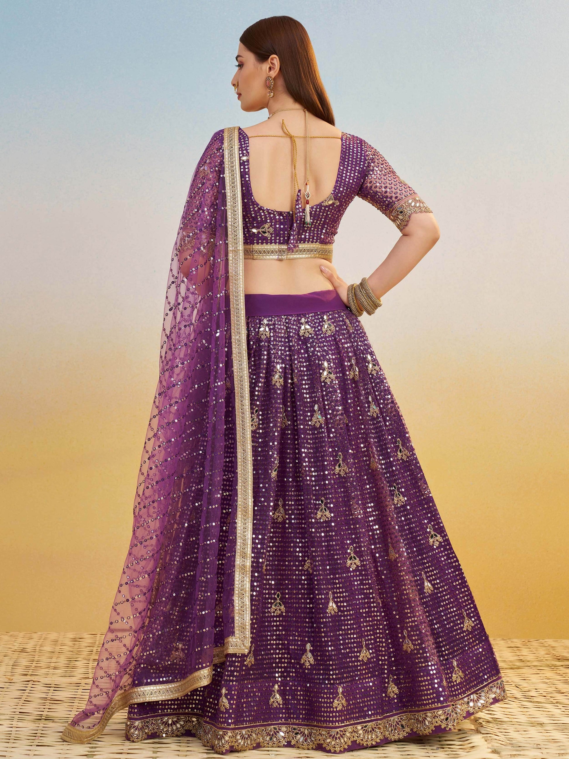 Delicate Purple Sequins Embroidered Net Lehenga Choli With Dupatta - Zeel Clothing