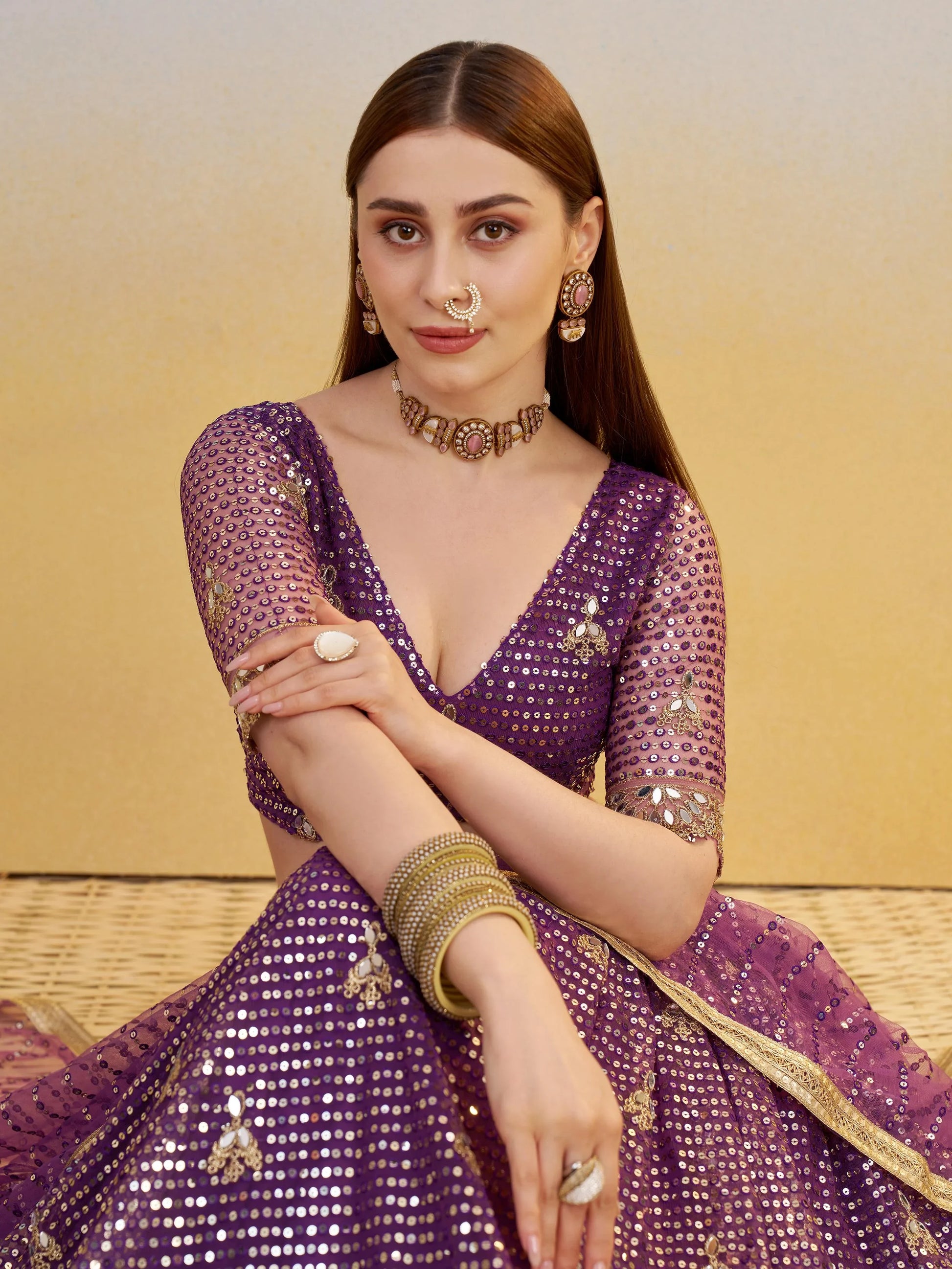 Delicate Purple Sequins Embroidered Net Lehenga Choli With Dupatta - Zeel Clothing