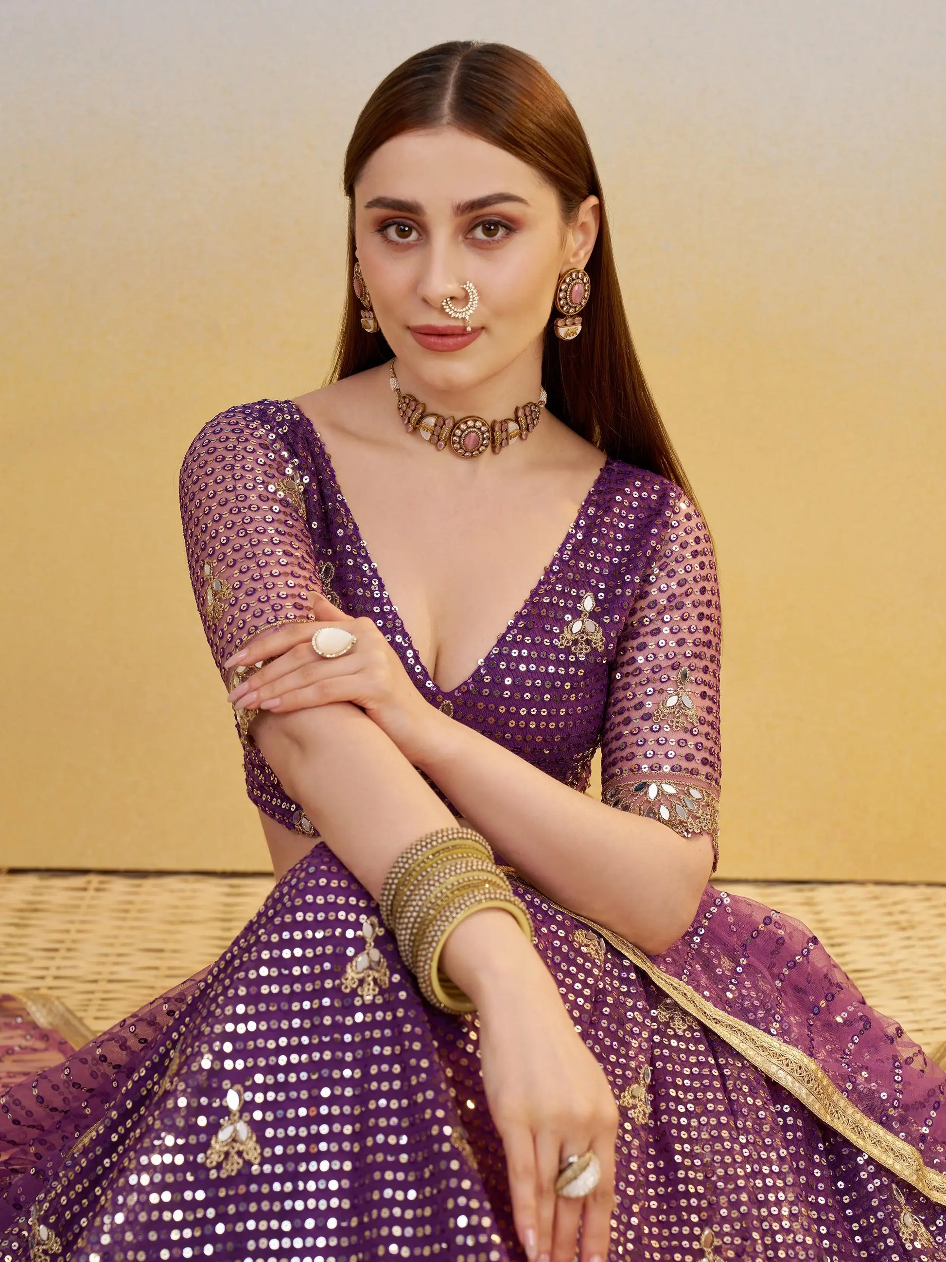 Delicate Purple Sequins Embroidered Net Lehenga Choli With Dupatta - Zeel Clothing