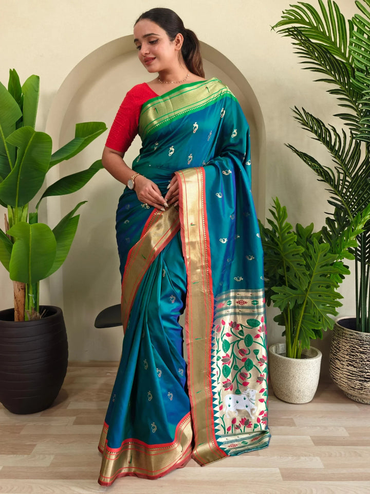 Delicate Teal Green Pichwai Printed Silk Function Wear Saree With Blouse - Zeel Clothing