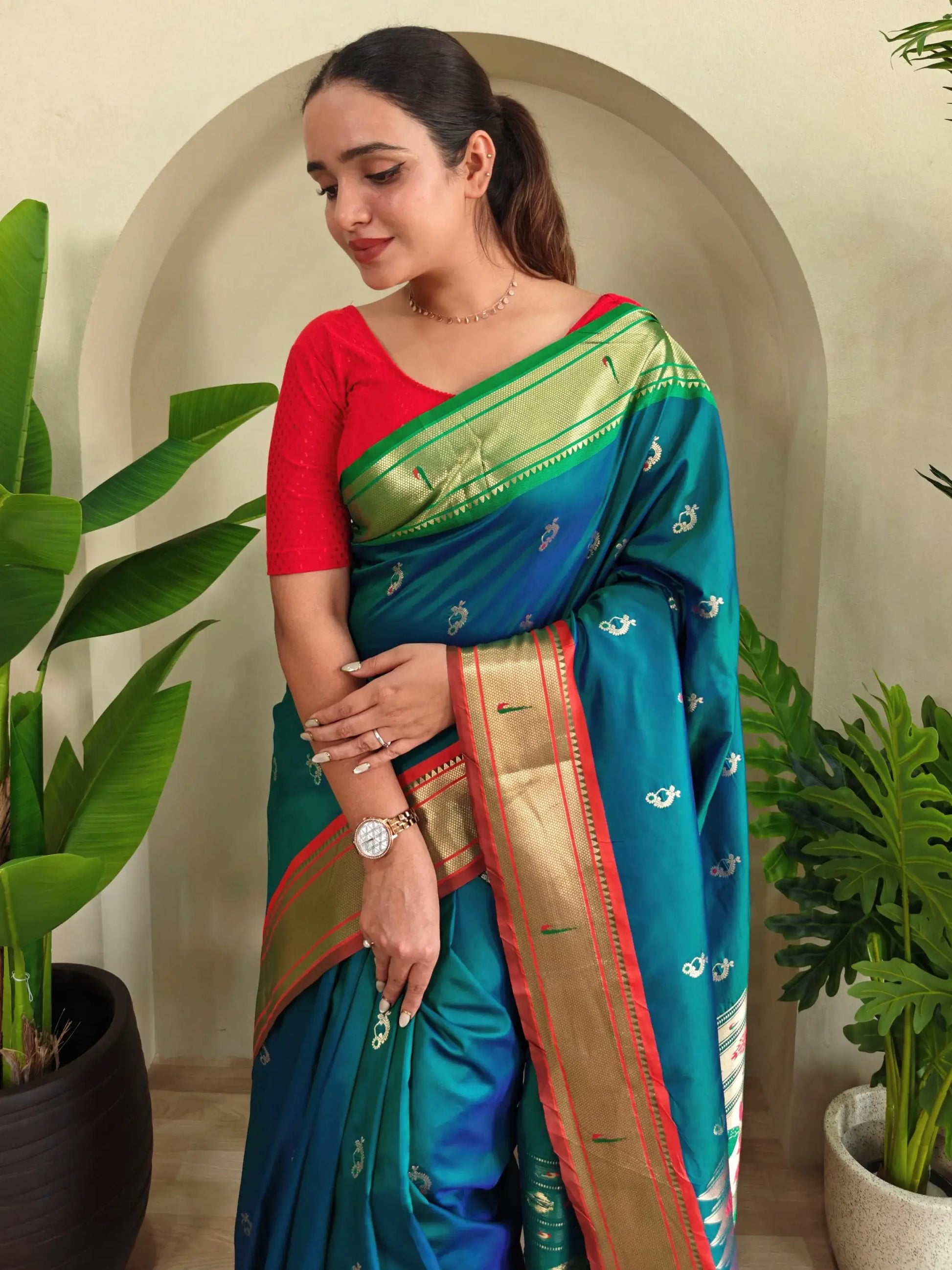 Delicate Teal Green Pichwai Printed Silk Function Wear Saree With Blouse - Zeel Clothing