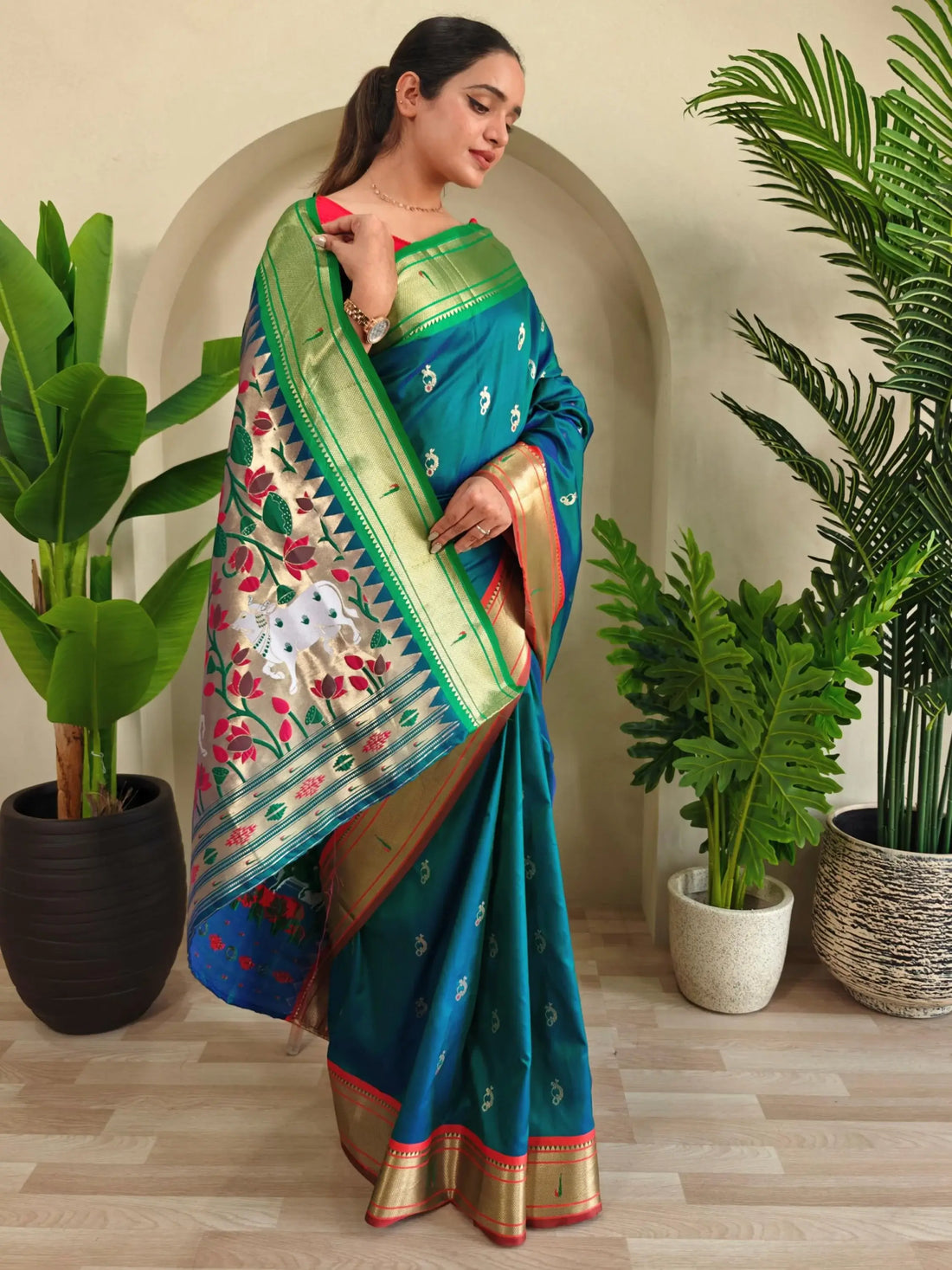 Delicate Teal Green Pichwai Printed Silk Function Wear Saree With Blouse - Zeel Clothing